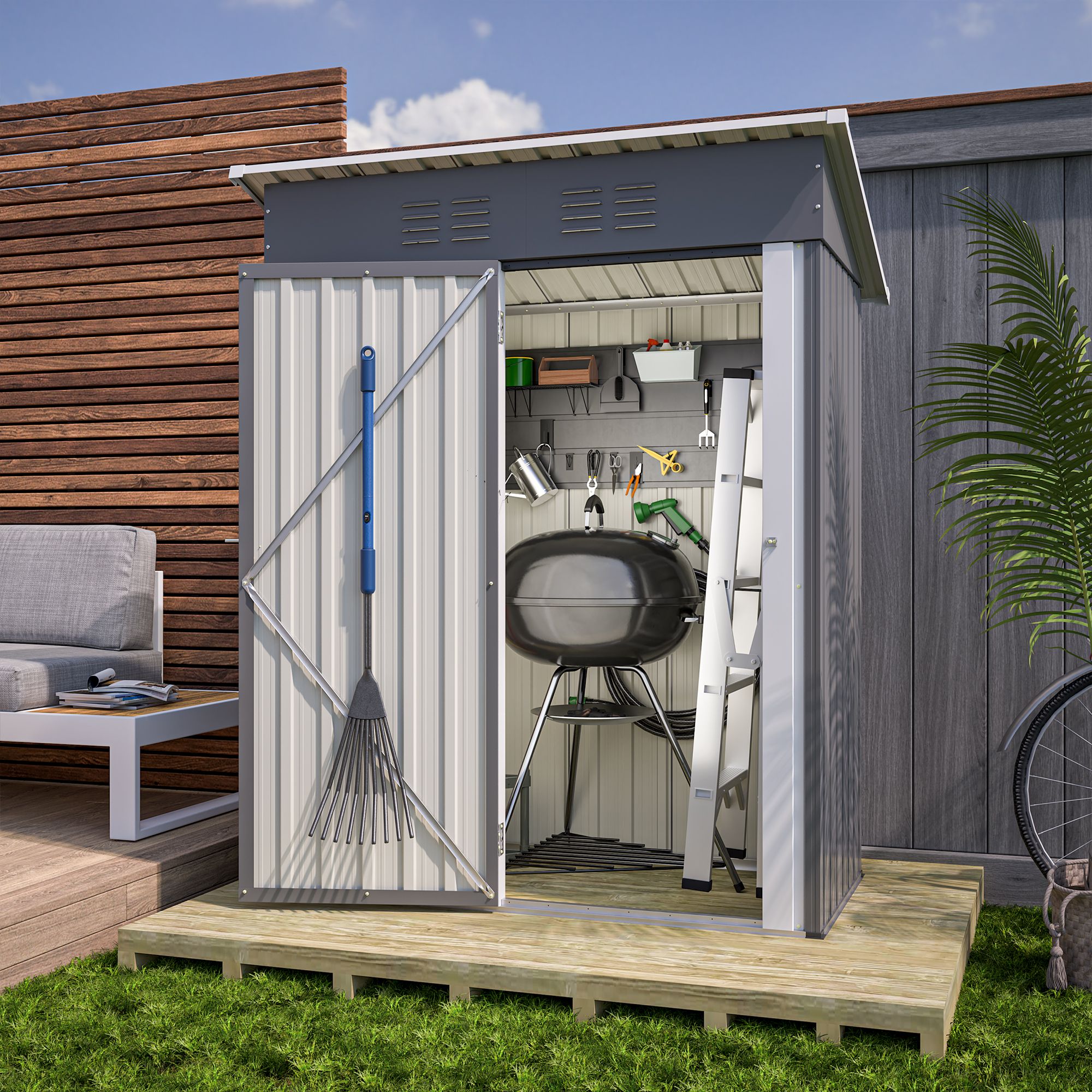 Metall Geräteschuppen Gerätehaus XL mit Pultdach Schuppen 1m² Grau Metall-Geräteschuppen Lagerschuppen im Freien mit Handschuhe