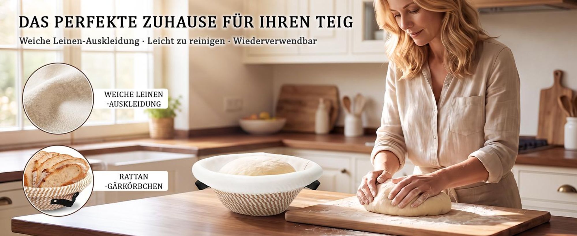 Brotbackset mit Gusseisentopf 4,6 L Ø 26 cm, emaillierter Brotbacktopf mit Deckel, Gärkörbchen 23 cm & Sauerteig-Starterset, Cremeweiß