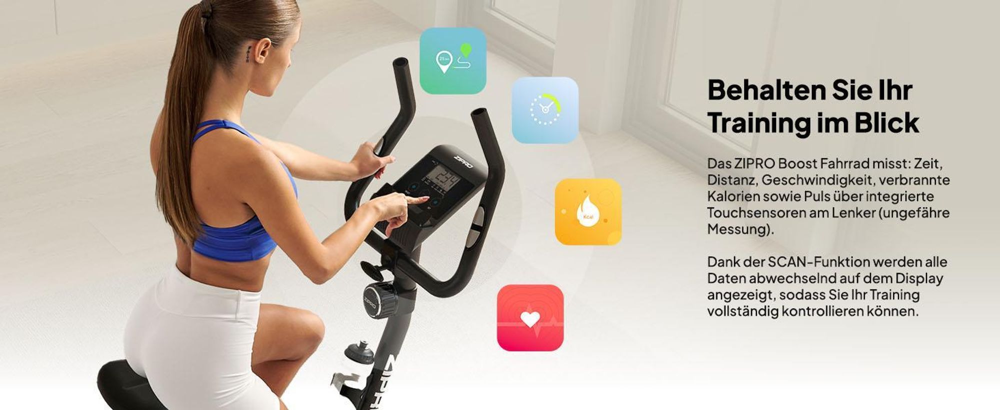 Zipro Heimtrainer Fahrrad Boost – Magnetisches Fitnessbike mit 7kg Schwungmasse Leiser Hometrainer Ergometer für Zuhause Pulsmessung, Verstellbarer
