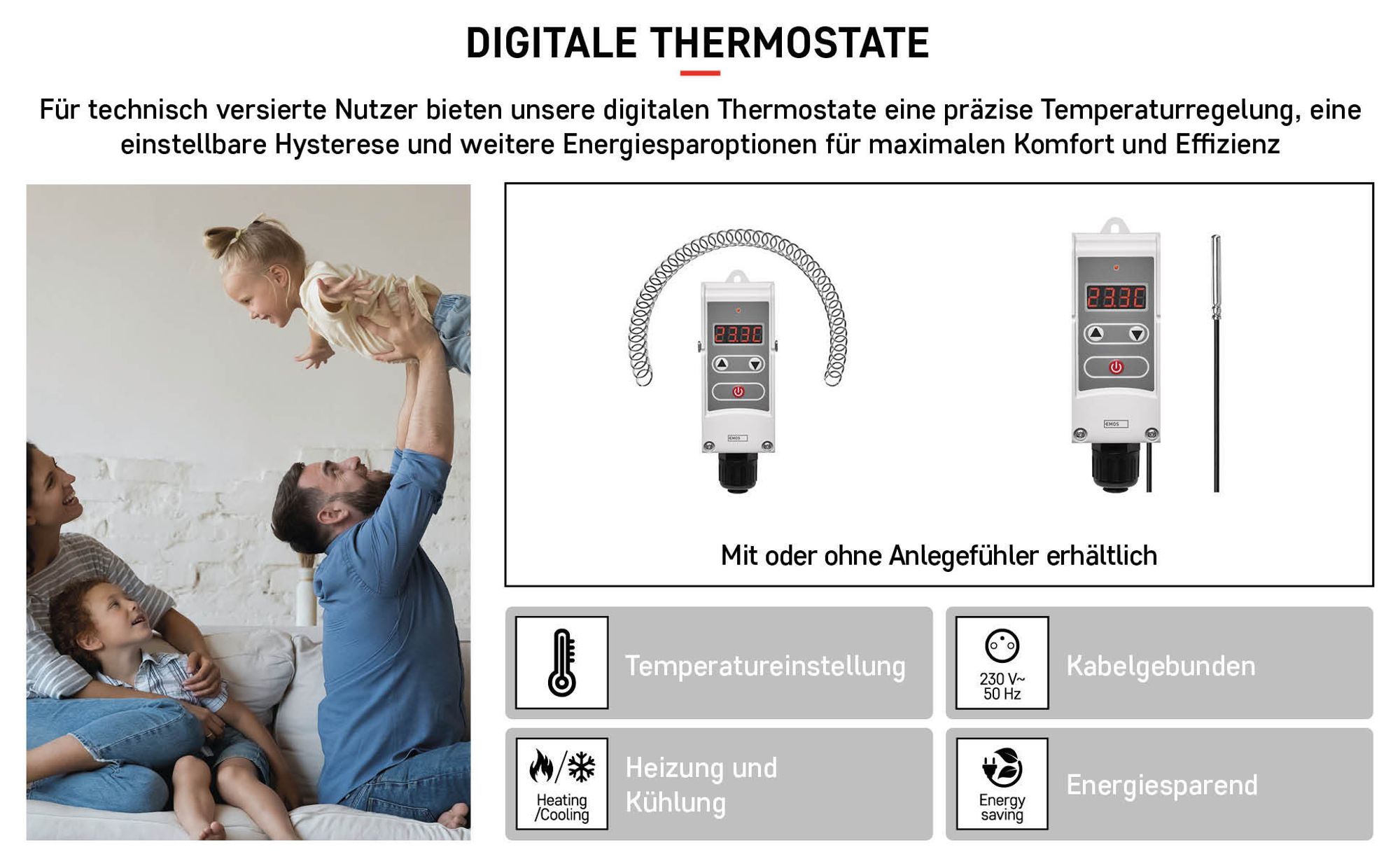EMOS Thermostat mit Tauchhülse, mechanisch, für Heizung und Kühlung, Temperatur-Regelung 0-90°C, 230V, 16A/4A, P5685