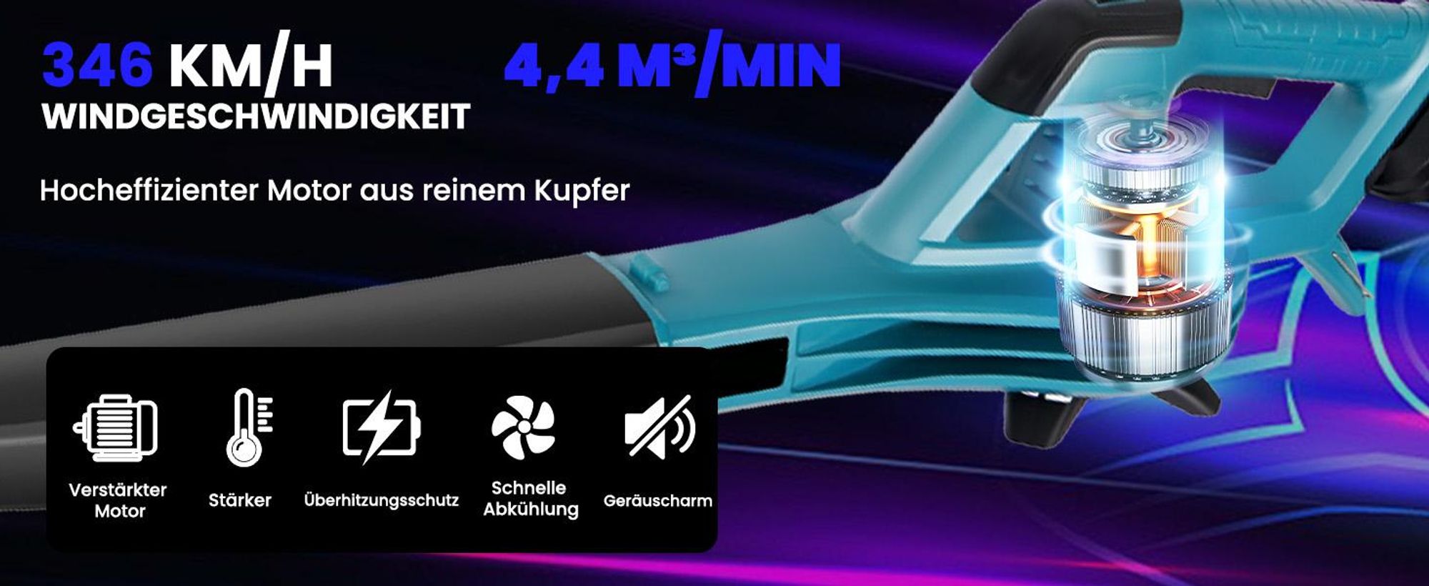 Akku Laubbläser, Elektrische Luftgebläse mit 2x Akku und Ladegerät, 350km/h 6-Gang Luftgeschwindigkeit, für Rasenpflege, Hof, Garage, Blätter