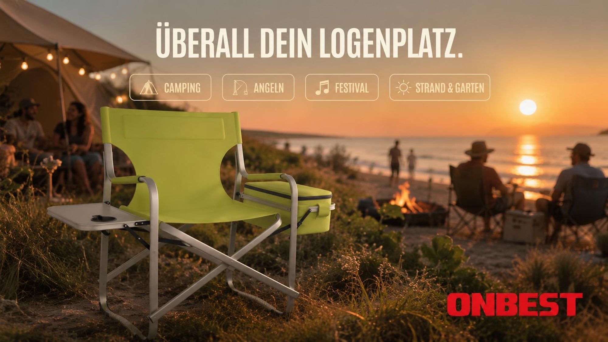 ONBEST Campingstuhl | mit 16L Kühltasche | Seitentisch | 150 kg | Getränkehalter | Oxford 600D*300D Gewebe