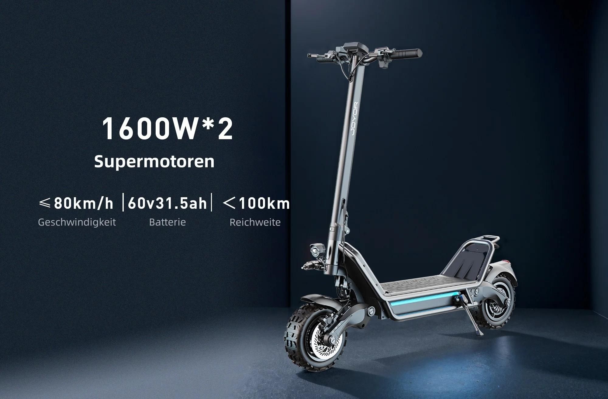 Elektroroller JOYOR E6-S - 1600W*2 Motors 60V31.5AH Batterie 85KM Reichweite Scheibenbremsen - Schwarz