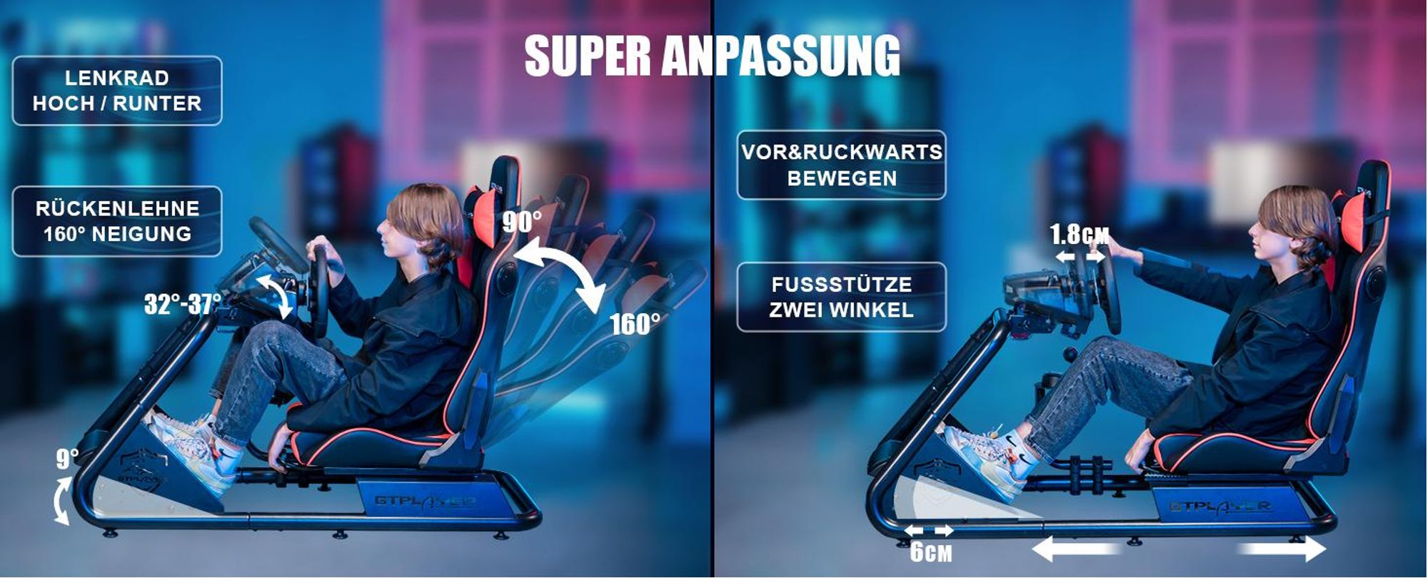 GTPLAYER Simulator Cockpit, SIM racing Cockpit, rennsimulator lenkradständer Gamingstuhl racing wheel stand mit Bluetooth-Lautsprecher und Pedalablage
