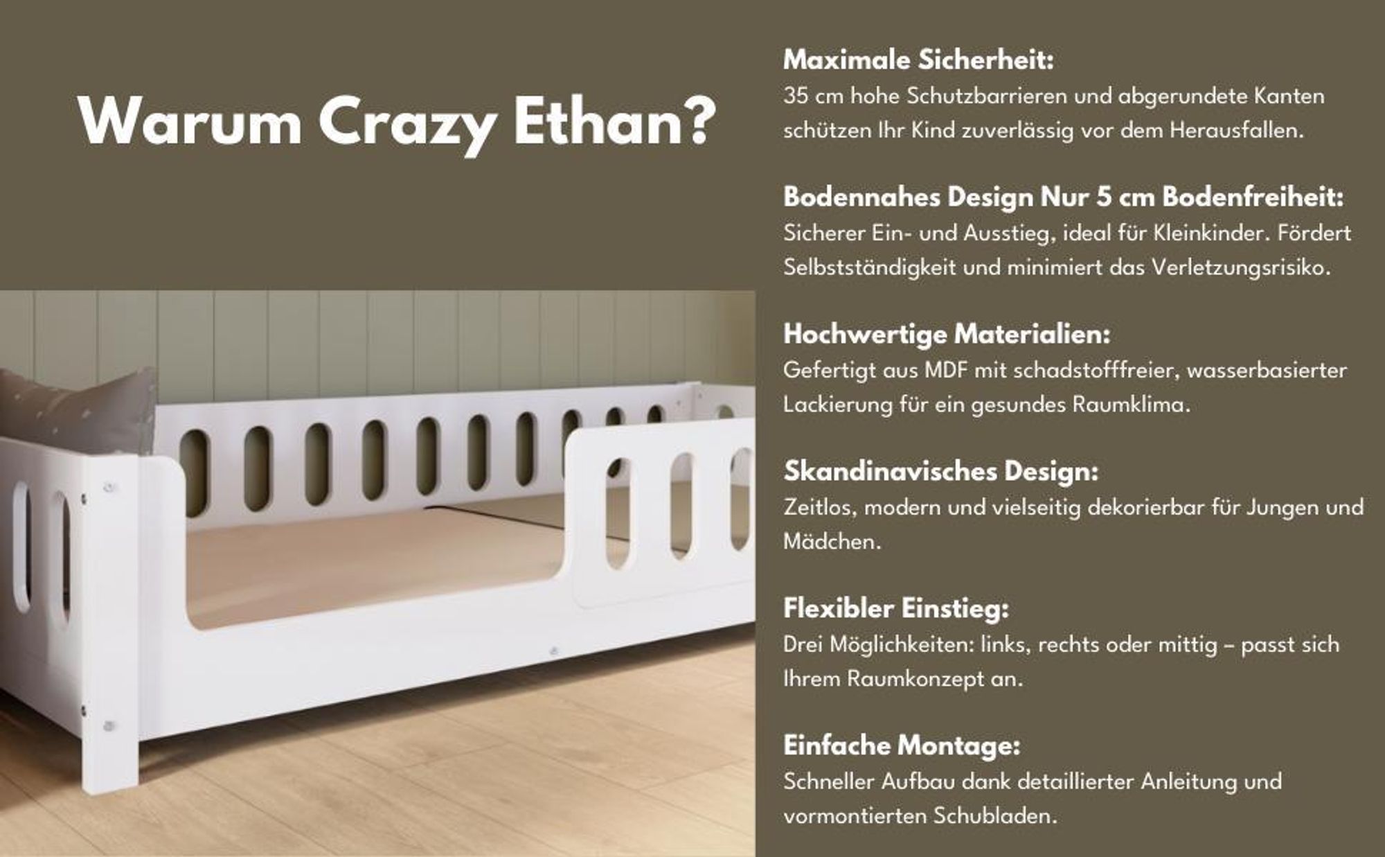Crazy Pine Kinderbett 80x160 cm – Weißes Montessori Bodenbett aus MDF – Kleinkindbett mit Abgerundeten Kanten, Einstieg rechts – Crazy Ethan