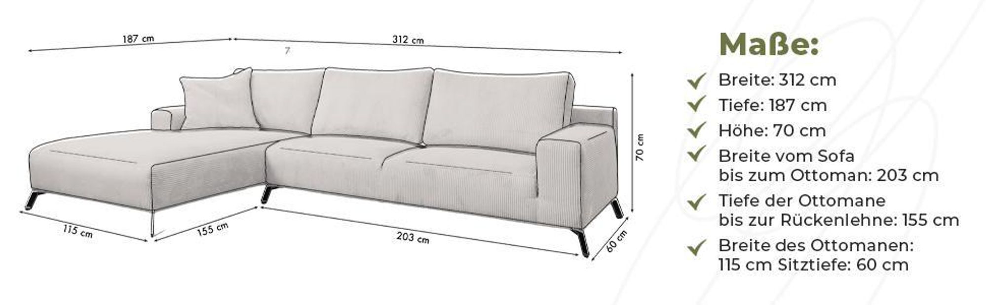 VENASI ASPEN CORD Links Ecksofa ohne Schlaffunktion Sofa L Form Eckcouch Couchgarnitur Couch BEIGE