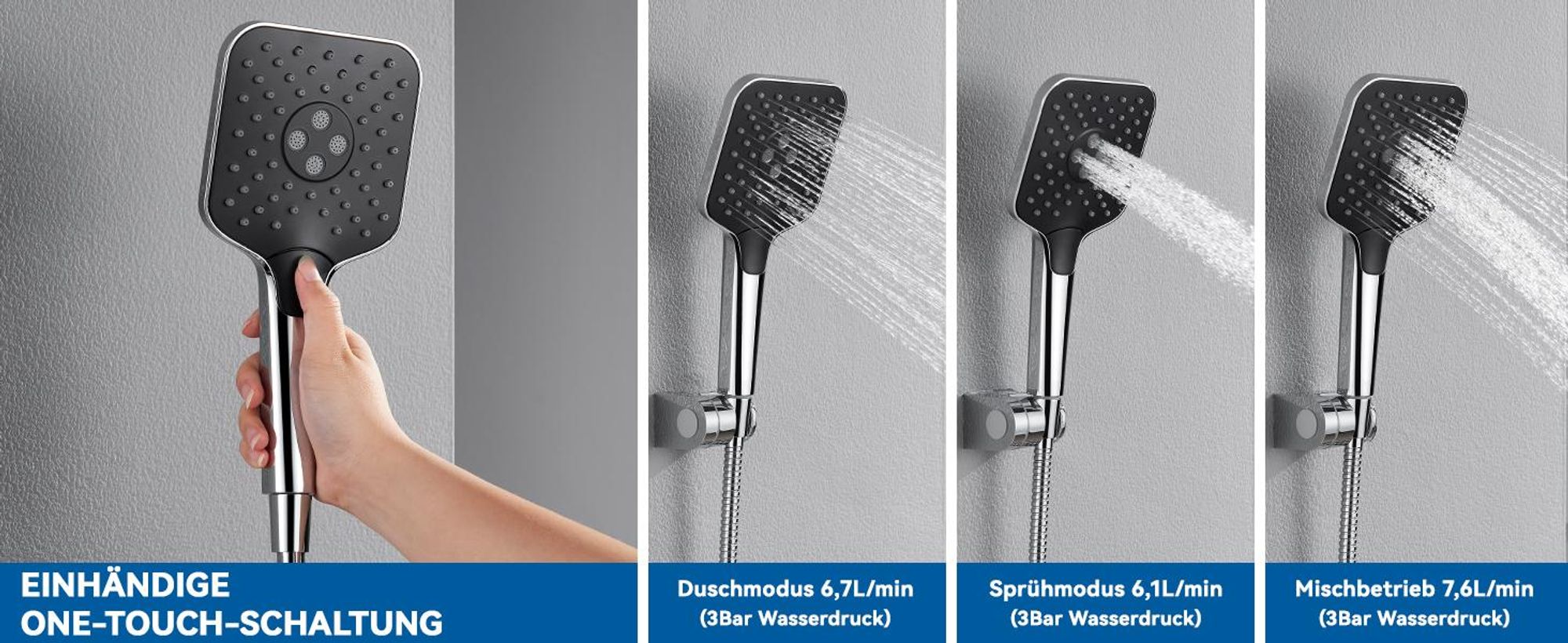 Auralum Handbrause Set mit 1,5m Schlauch, 3 Funktionen, Chrom & Schwarz, ABS, Silikondüsen, Duschkopf