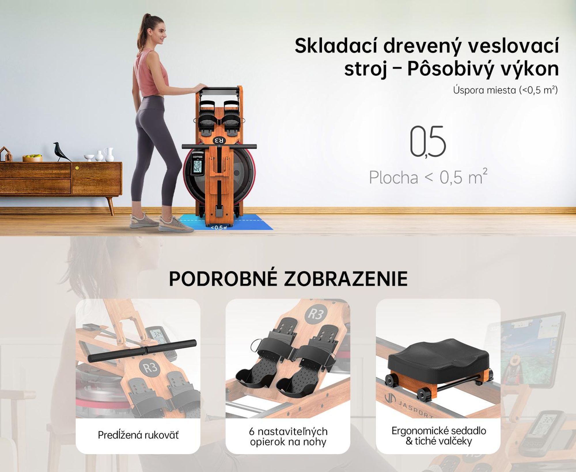 Skladací veslovací trenažér JASPORT R3 s LCD displejom s podporou Bluetooth, kompatibilný s Kinomap, 28-litrovou nádržou na vodu, nosnosťou do 150 kg – farba čerešňového dreva