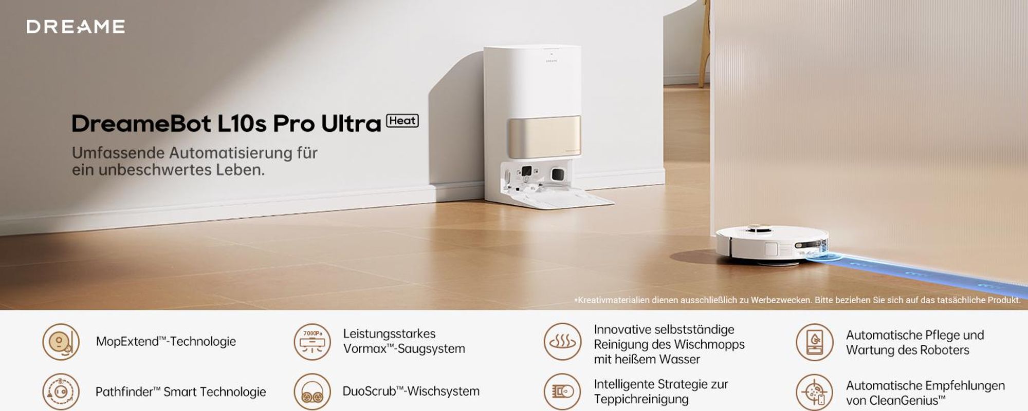 Dreame L10s Pro Ultra Heat Roboter Saugroboter mit Wischfunktion,Automatische Moppreinigung,heißem Wasser,7000Pa,Doppelte Mopp- und Bodenreinigung