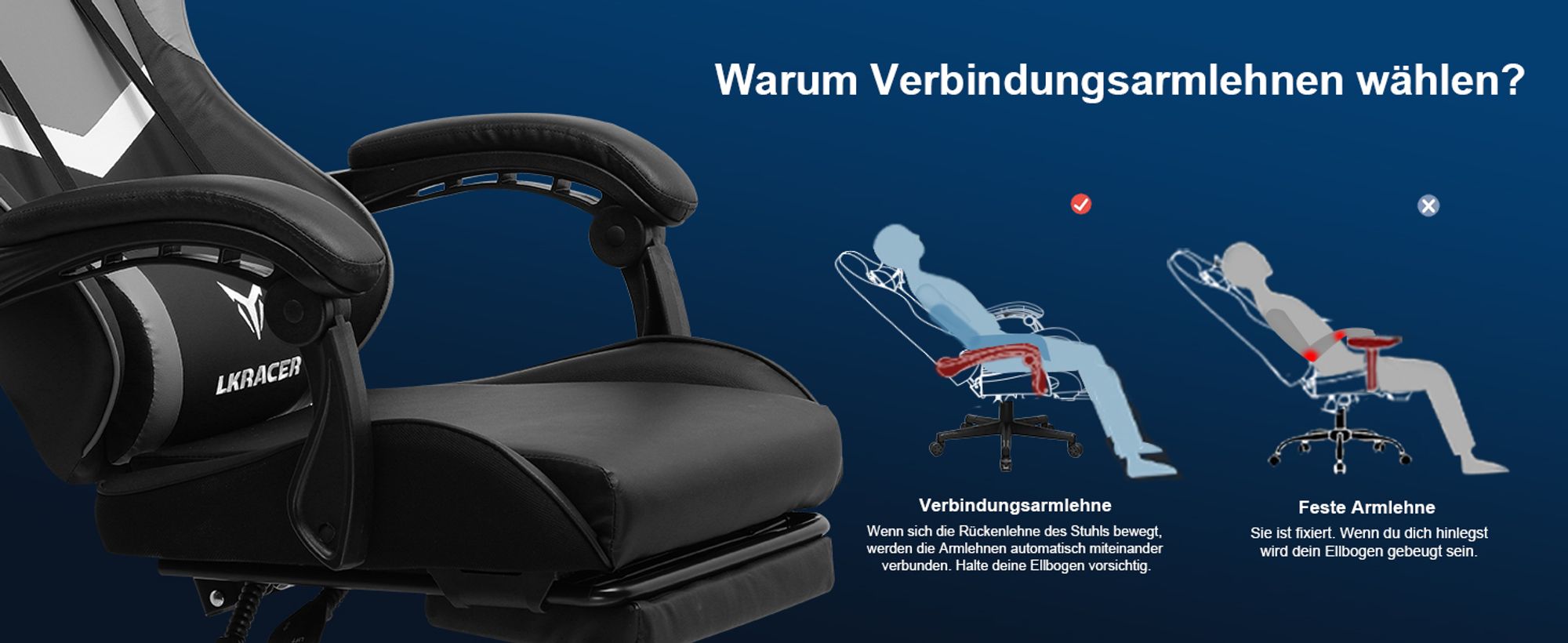 LUCKRACER Gaming-Stuhl Gaming Chair Bürostuhl Ergonomisch mit Lendenkissen Kopfkissen, Höhenverstellbarer Gamer Stuhl 150kg Belastbar, Fußstütze grau