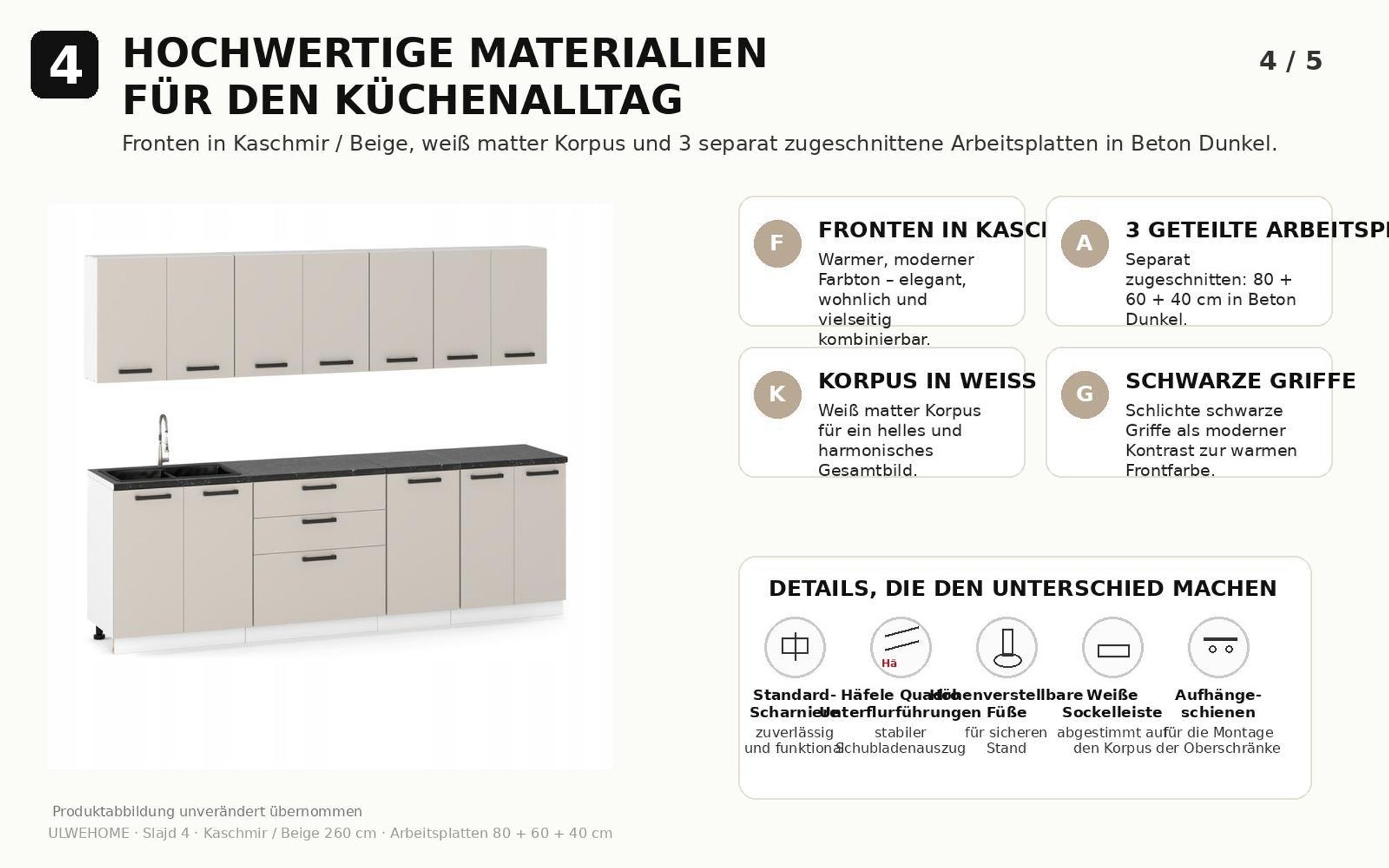 Kaschmir-Beige Fronten, schwarze Griffe und Beton-Dunkel-Arbeitsplatten im modernen Design