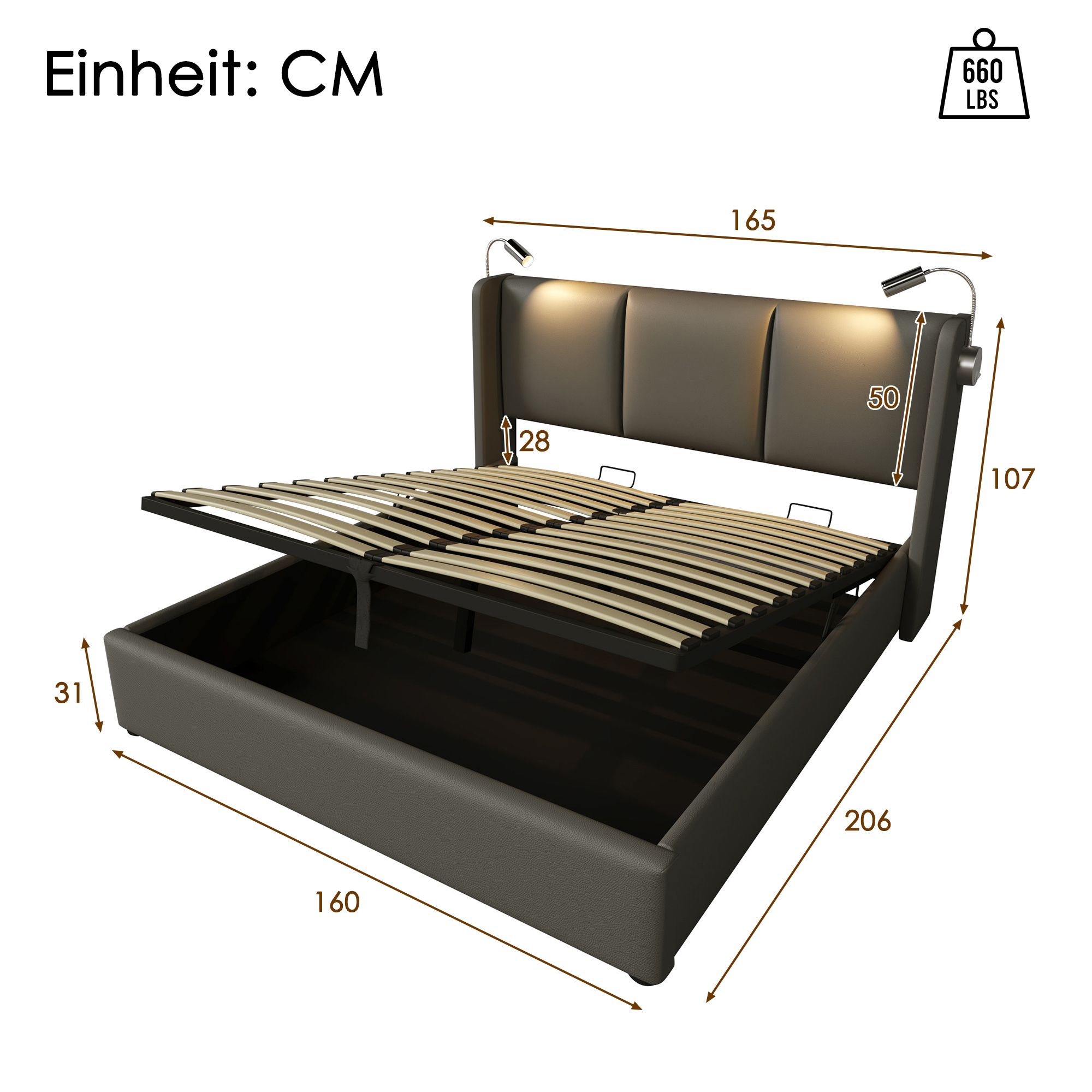 Flieks Polsterbett 160x200cm mit Lattenrost, Boxspringbett mit Leselichte und USB, Doppelbett Stauraumbett Funktionsbett, PU, Grau