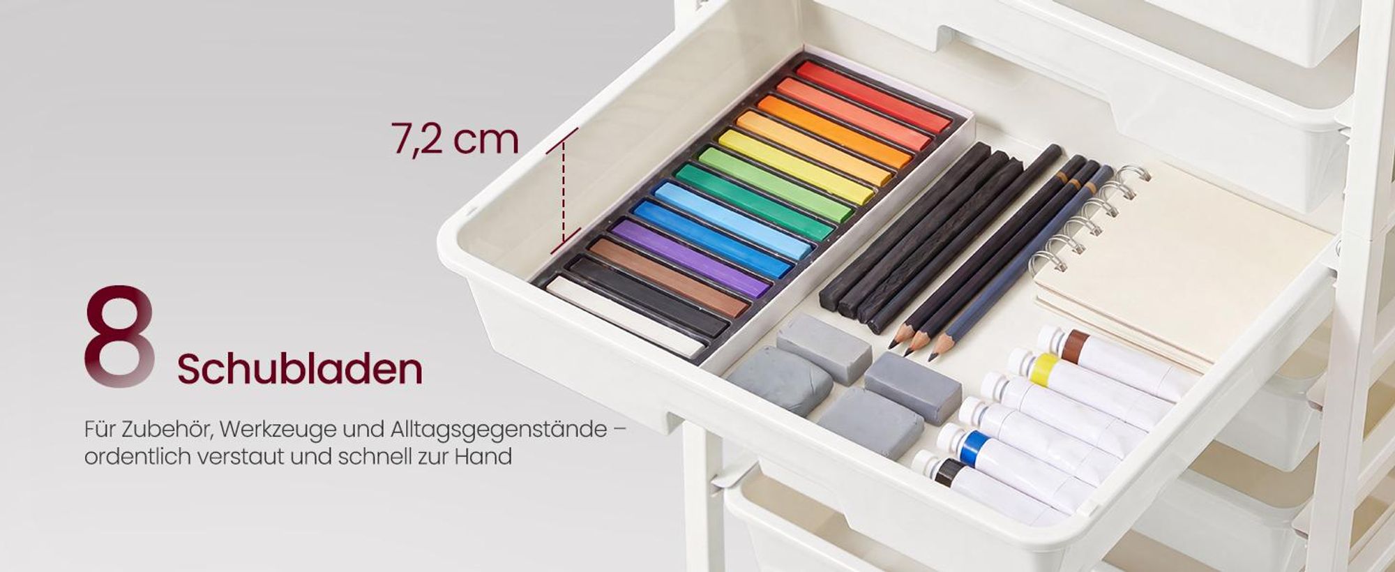 VASAGLE Rollwagen mit 8 Schubladen, Nischenwagen mit Holzplatte, Organizer für Büro und Bad, 39,5 x 28,5 x 76,5 cm, Weiß