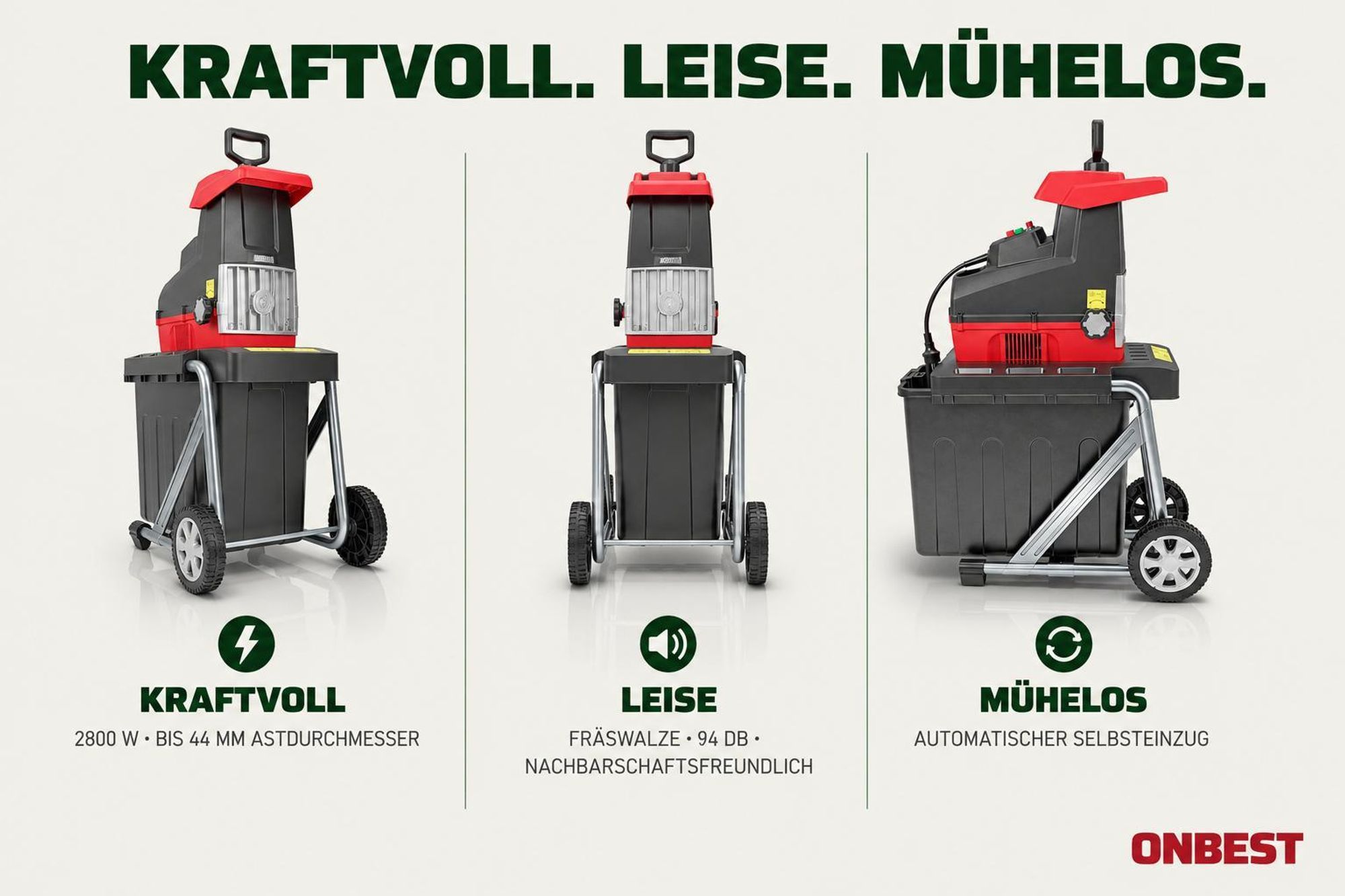 ONBEST Gartenhäcksler Elektro | 2800W mit Stopfer | bis 4,4 cm | 60L Fangbox | Rücklauf & Selbsteinzug