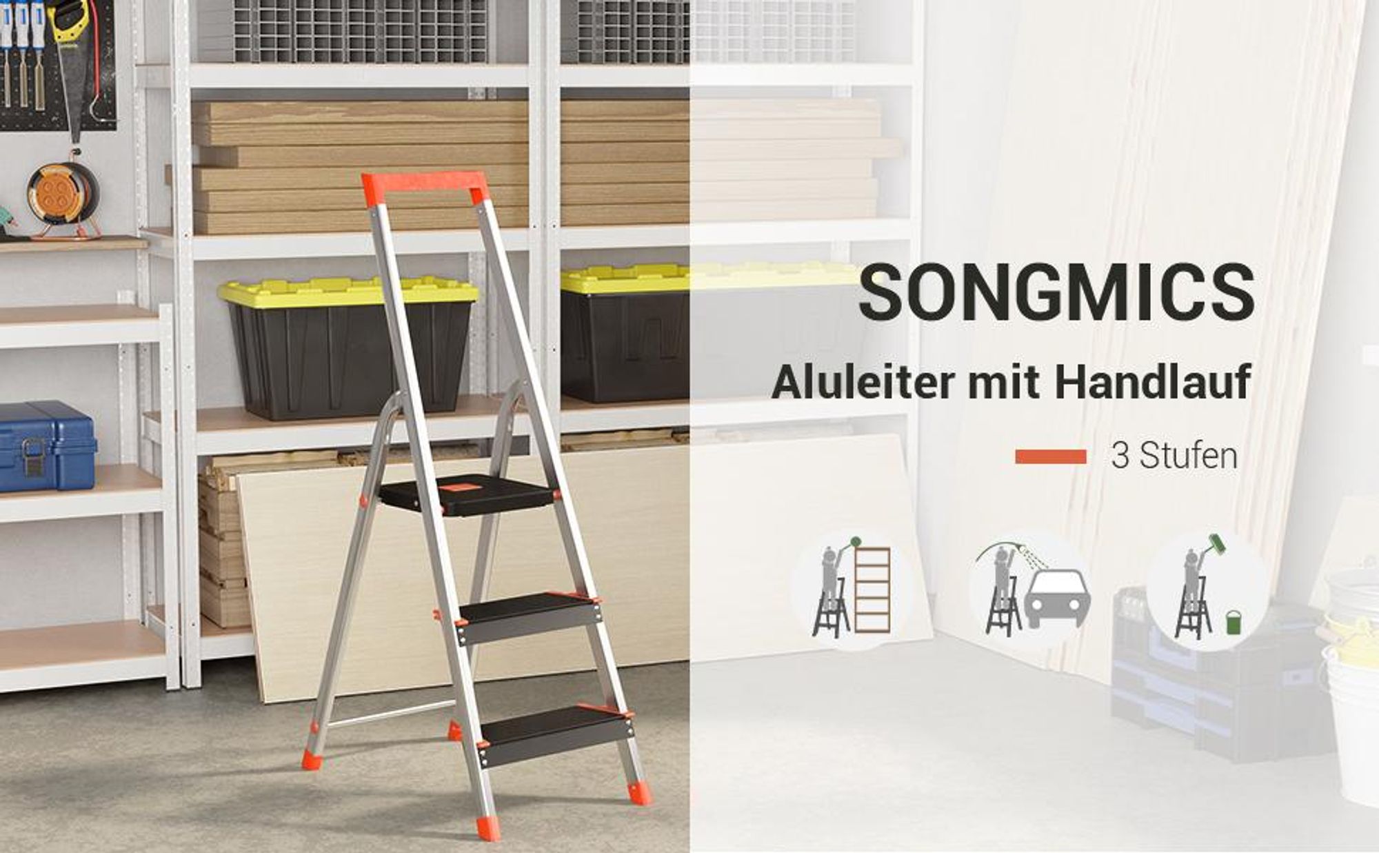 SONGMICS Leiter mit 3 Stufen, Aluleiter, mit Handlauf, Werkzeugschale, Klappleiter