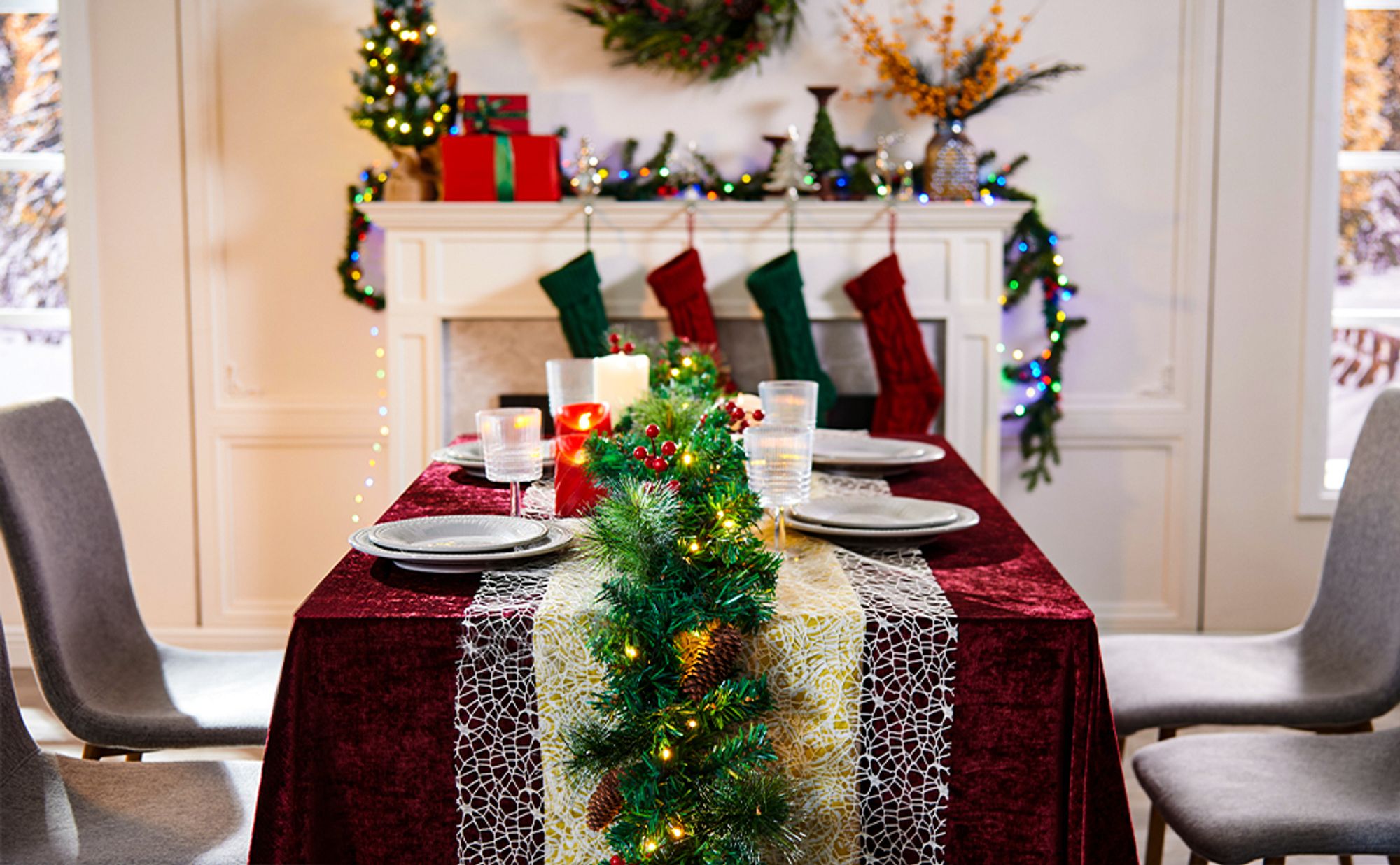9 FT LED-Weihnachtsgirlande mit Tannenzapfen,Beeren,Schleifen Kiefernblätter,mit 50 warmweißen LED-Lichtern,Weihnachtsdekoration