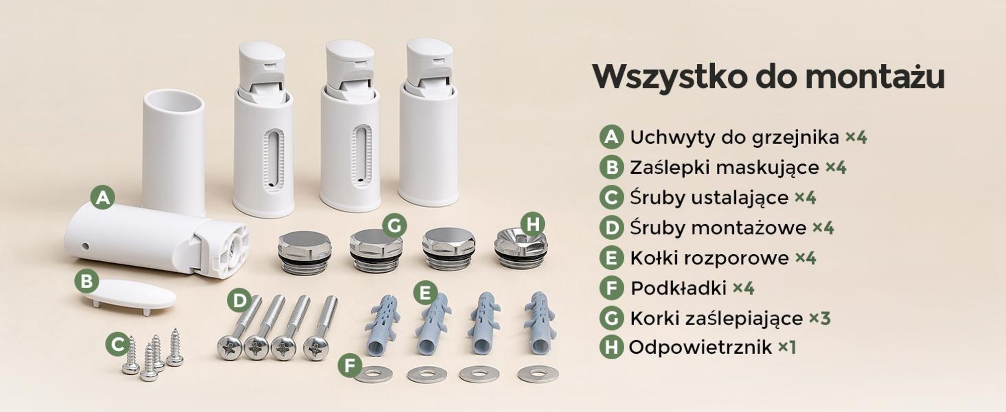 Uchwyty do grzejnika łazienkowego, zestaw 4 szt., białe, do prostych rur okrągłych Ø22–25 mm, Rozstaw osi 40–45 mm, regulacja 20 mm, 1 sztuki