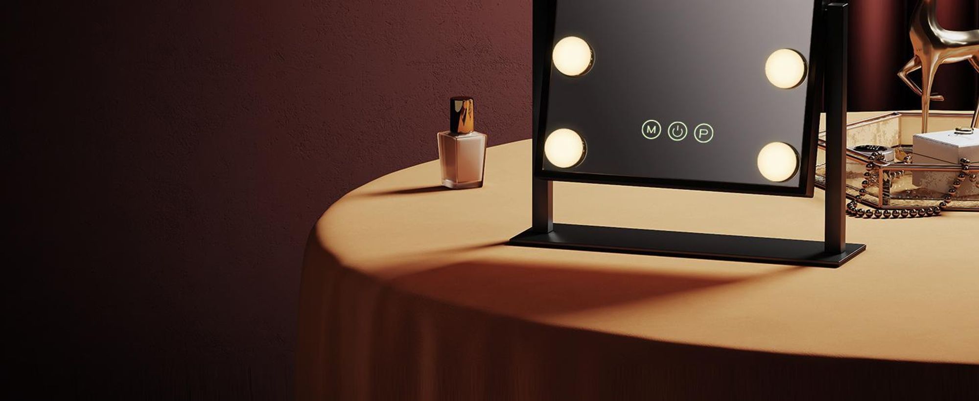 EMKE Hollywood Kosmetikspiegel 85x364x475mm mit 7x Vergrößerungsspiegel, Schwarz Schminkspiegel mit intelligent Touchscreen und 3 Lichtfarben, 12 Dimmer-LED-Leuchten, 360° drehbar und Memory-Funktion