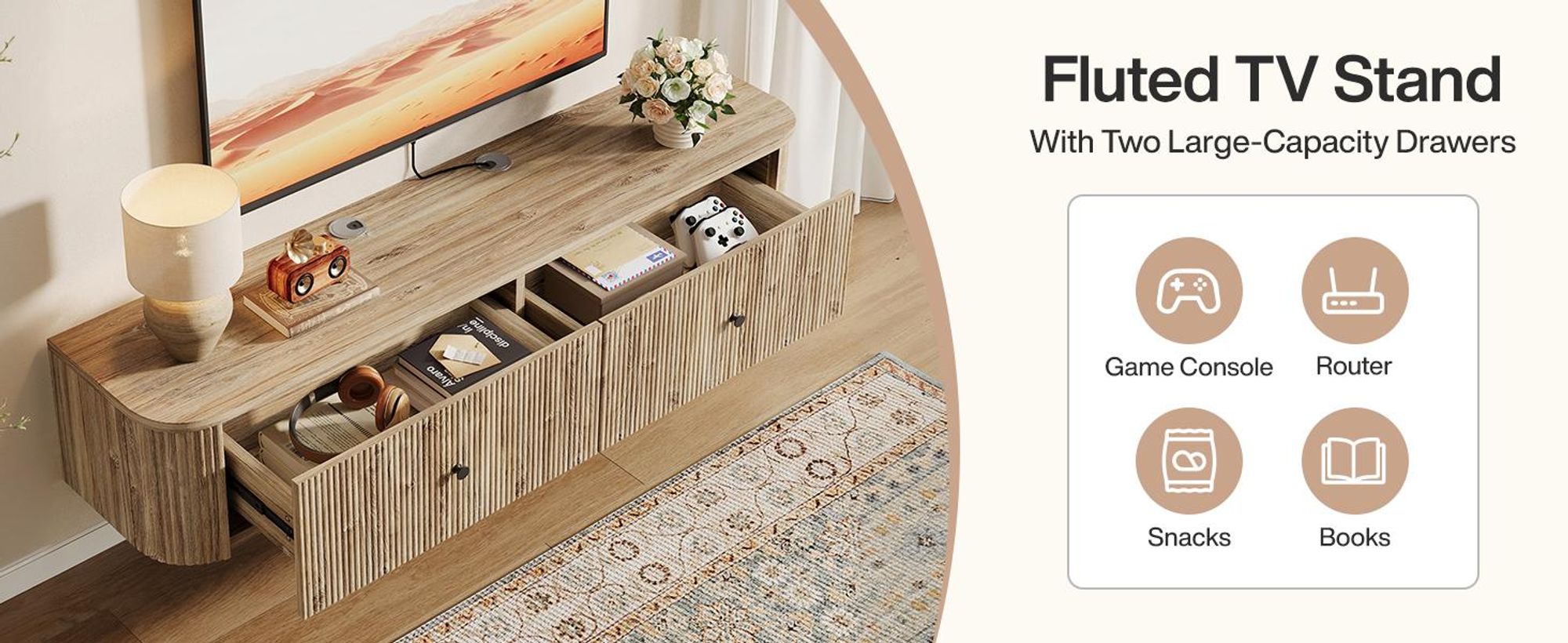 Tribesigns Schwebe-TV-Board zur Wandmontage, 140 cm TV-Wandkonsole mit 2 geriffelten Schubladen, modernes schwebendes Medienboard für Wohnzimmer