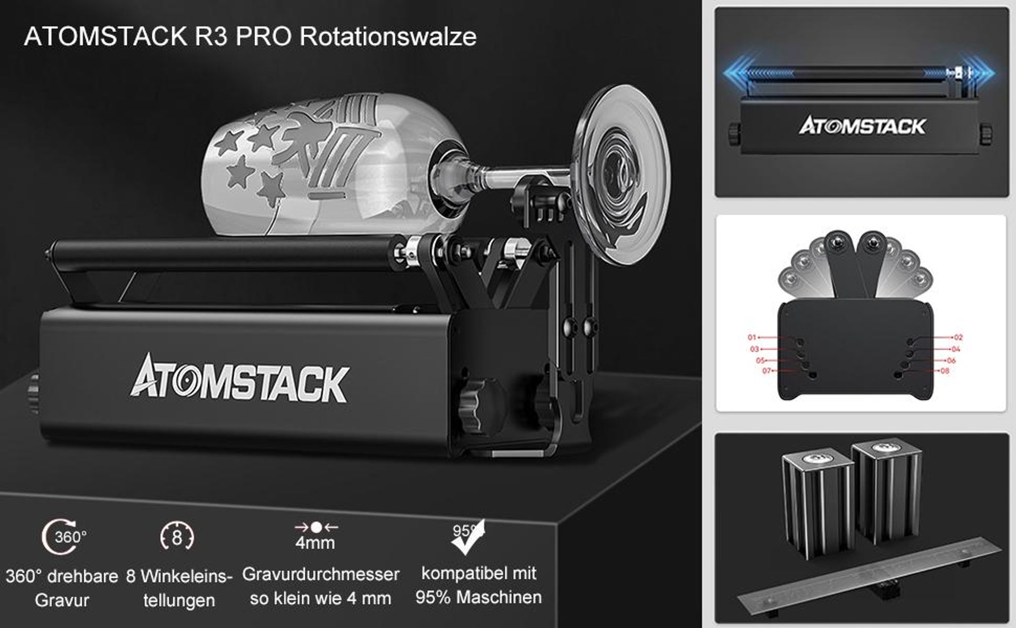 ATOMSTACK R3 PRO Rotationswalze, Rotary Roller, für A 5 PRO/A10 PRO/A20 PRO/A30 PRO/A40 PRO/A70 PRO/A70 MAX