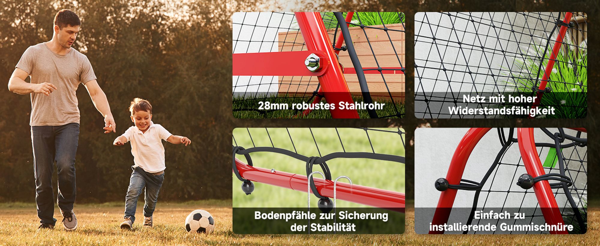 HOMCOM Fußball Rebounder Kickback Tor Rückprallwand Netz beidseitiger Rückprall Verstellbar in 5 Stufen für Fußball Training Stahl Rot