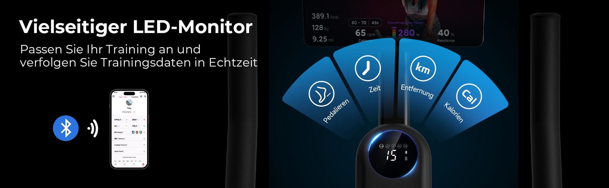 JASPORT A3 Leises Heimtrainer Fahrrad,  LED-Monitor, Bluetooth & App, verstellbarer Sitz & Widerstand, Tablet-Halter, bis 120 kg, Fitnessbike Zuhause