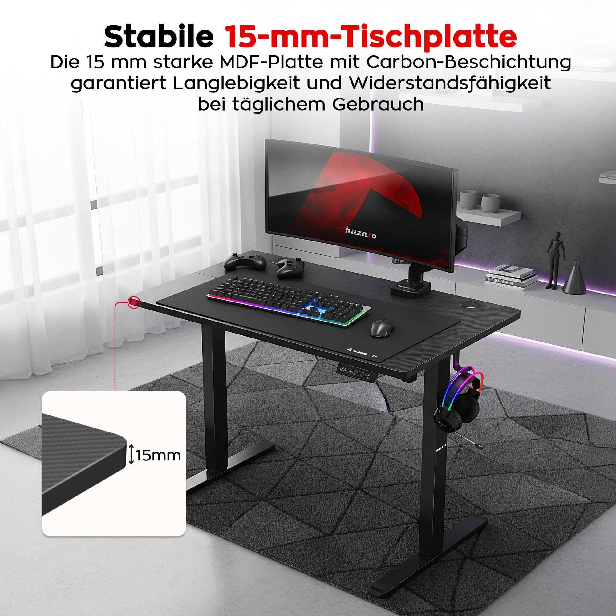 Huzaro Hero 7.9 | Höhenverstellbarer Schreibtisch Stehschreibtisch | 100x60cm | Stufenlos Verstellbar Metallkonstruktion Kabeldurchführung | Schwarz