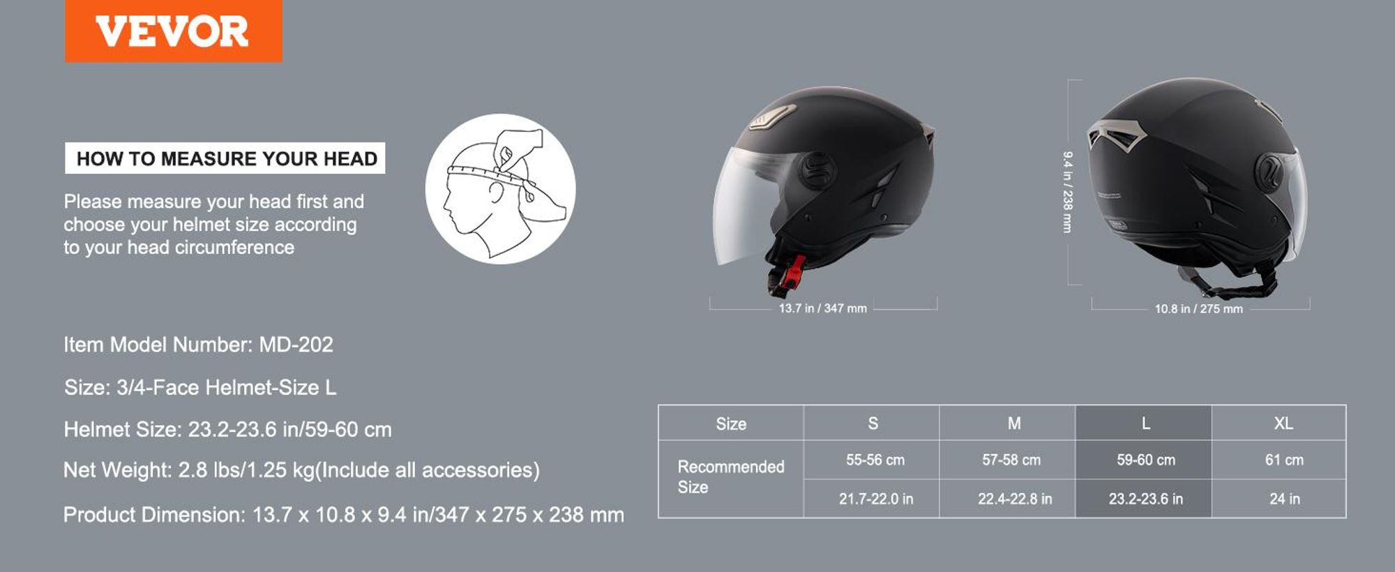 VEVOR Motorradhelm, 3/4-Gesicht, Smart Street ABS & Hochdichter Helm mit Bluetooth-Kommunikation & Wechselobjektiv, DOT-zugelassener bequemer Motocross-Helm, geeignet für Jugendliche & Erwachsene, 3/4 Helm-b, L