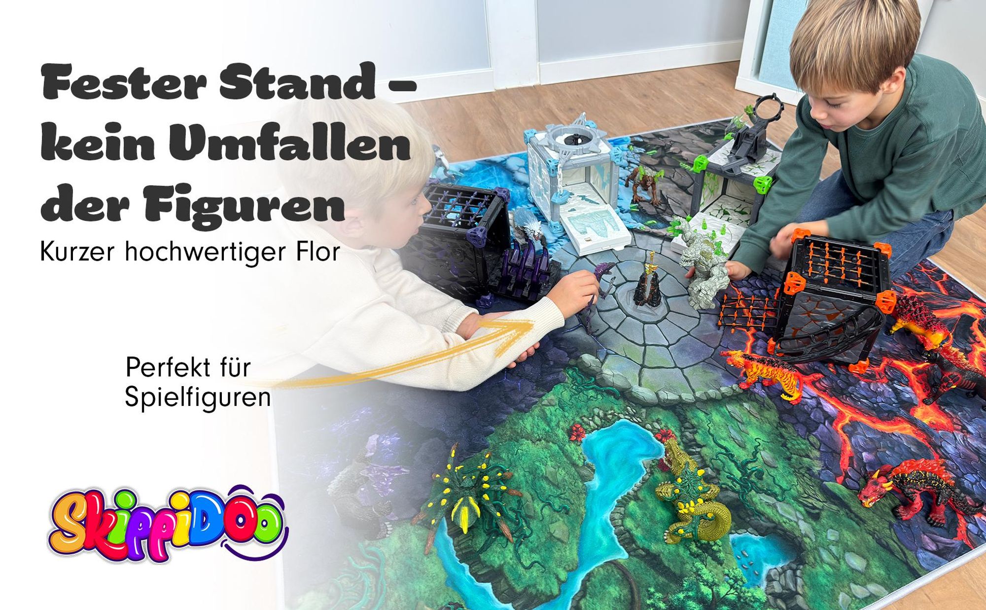 SkippiDoo Spielteppich Fantasy 120x120cm – 5 Welten mit Battle Arena – Lava, Eis, Dschungel, Stein und Schatte – rutschfest für z.B. Eldrador® passend