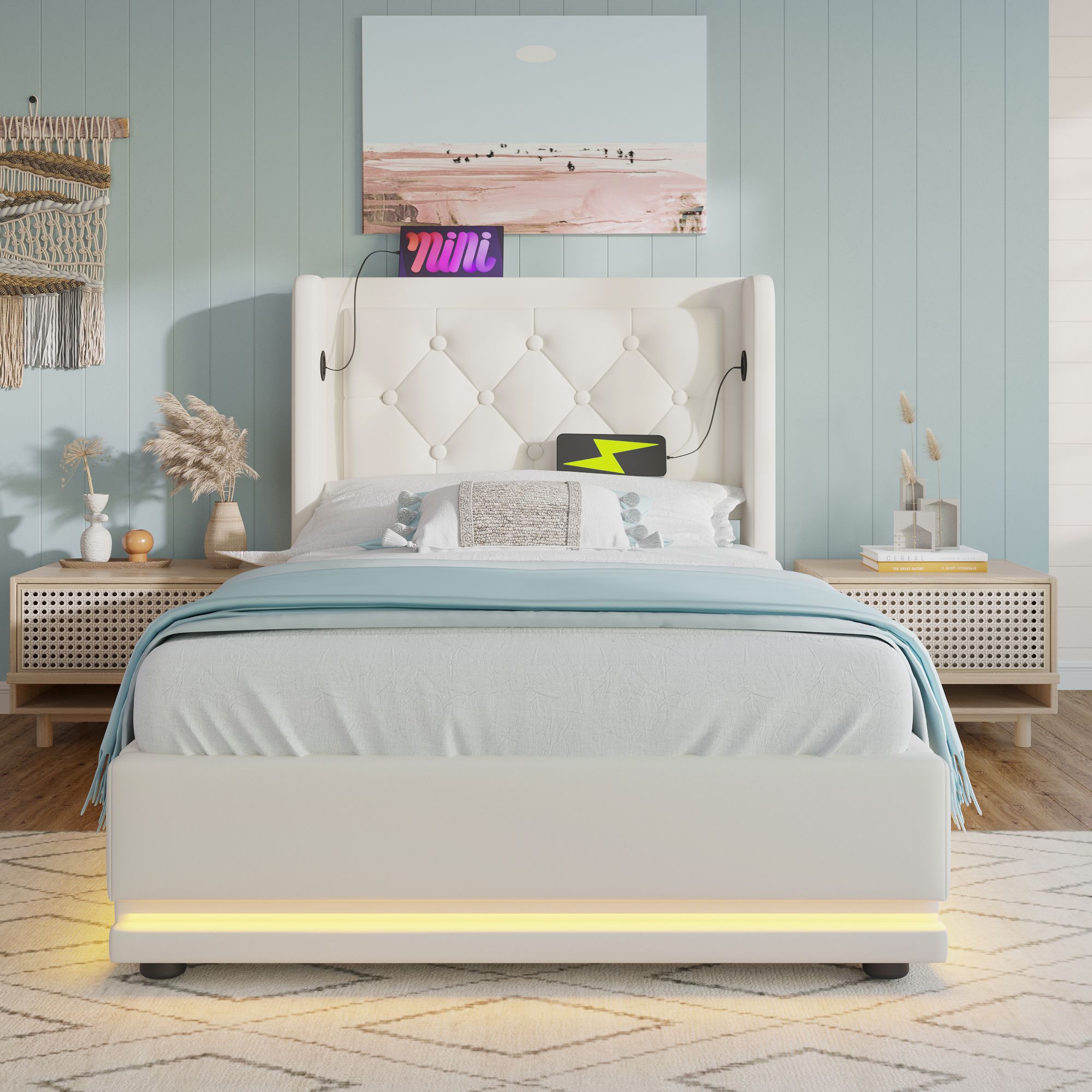 Flieks Polsterbett 90x200cm mit USB & Typ-C, Einzelbett Jugendbett mit LED, Hydraulisches Stauraumbett Boxspringbett mit Lattenrost, Kunstleder, Weiß