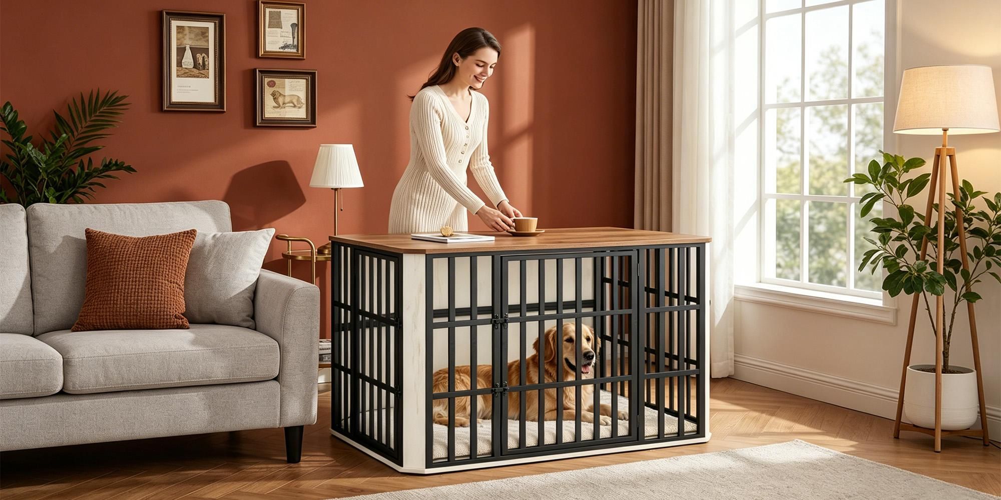 Hundekäfig Möbel, Hundebox Möbel, Mehrtür-Design, Weiß Braun | Hundebox aus Holz für den Innenbereich mit Futtertür Oben