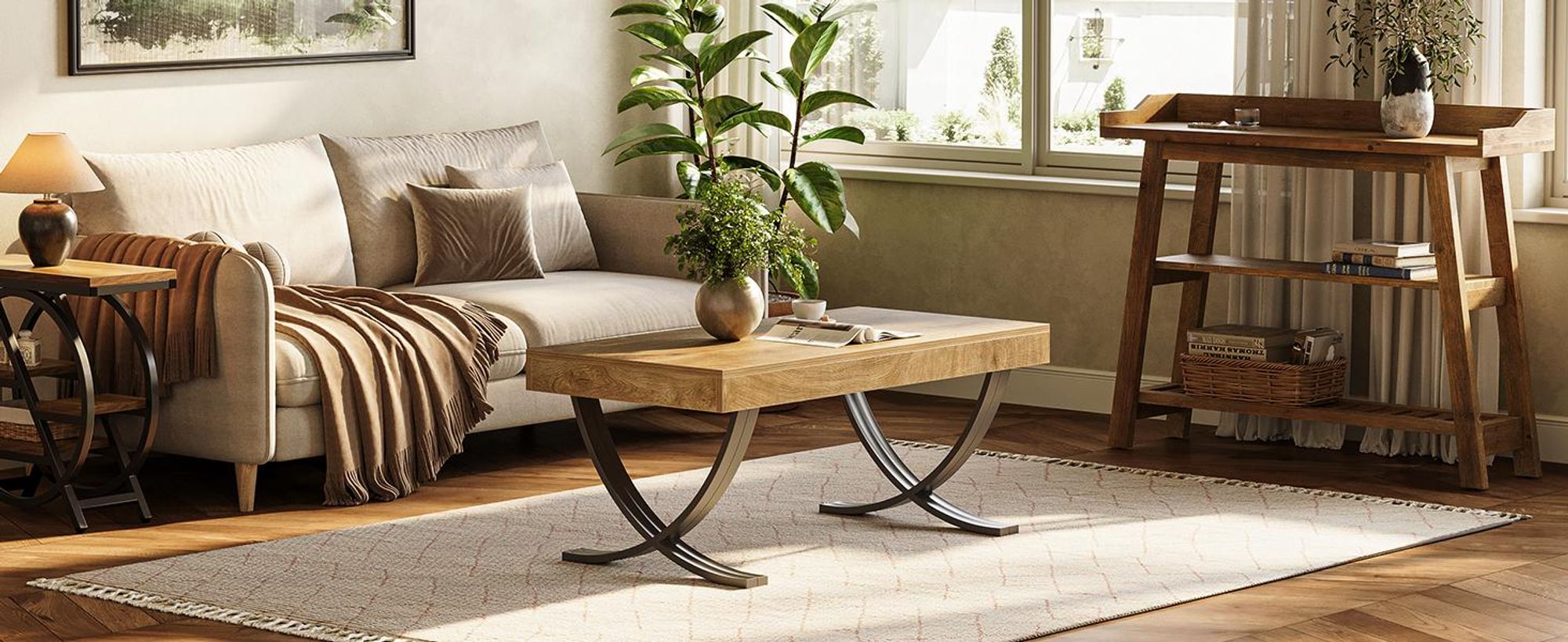 Tribesigns Couchtisch Holz, moderner Wohnzimmertisch Industriestil, mit geschwungenenKreuzbeinen, dicke Tischplatte mit Holzmaserung, rustikales Braun
