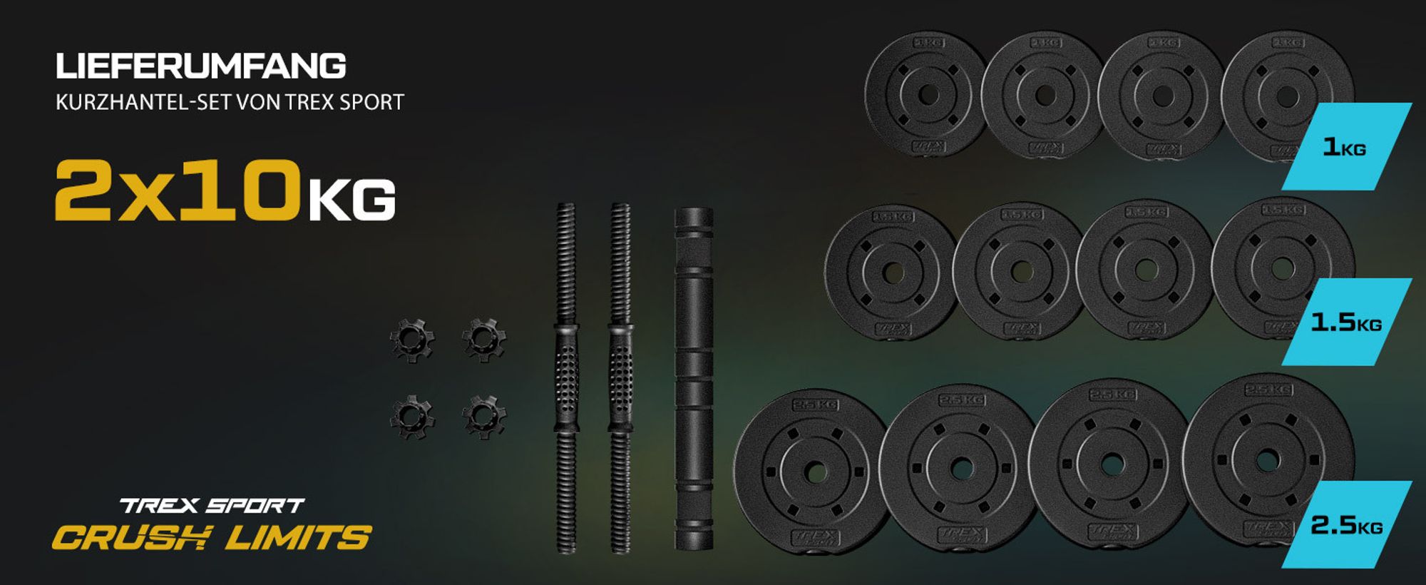TREX SPORT Hantelset Kurzhanteln 2er Set 2x10kg | 20kg Dumbbell Hanteln Set, Kurzhantel Set mit Verbindungsrohr, Langhantel mit rutschfeste Griffe