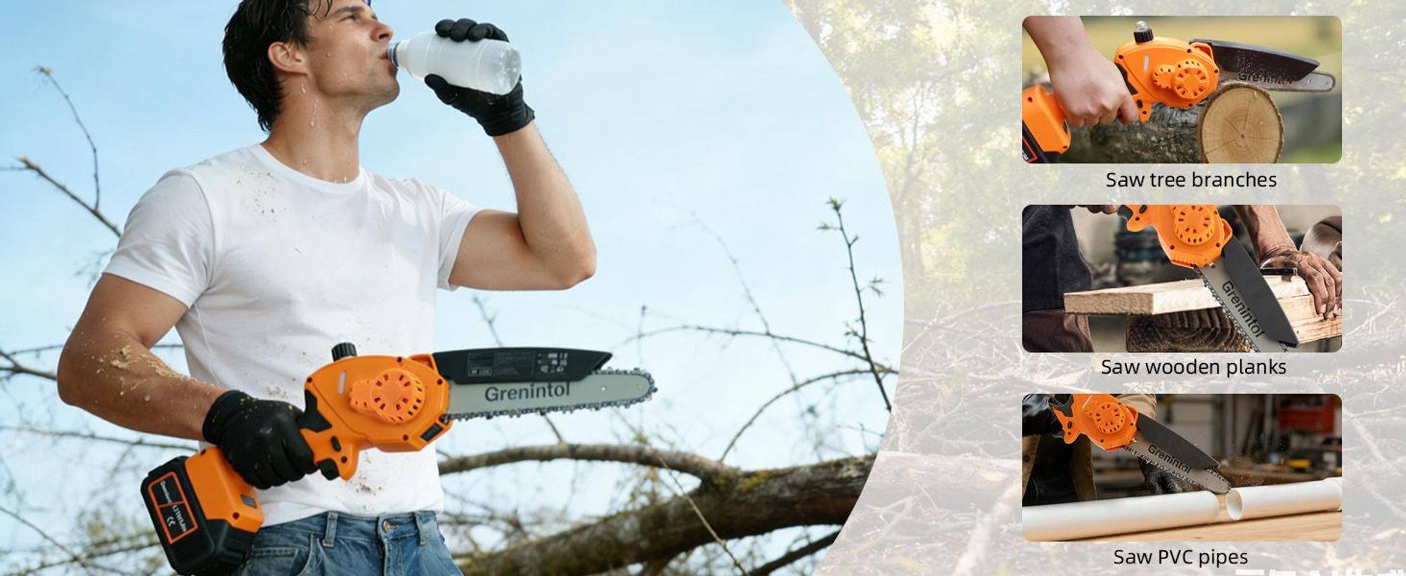 Grenintol 8 Zoll Akku-Kettensäge, 1000 W Mini Kettensäge mit 2 × 3000 mAh Akkus, Astsäge, Akku Motorsäge, Einhand-Kettensäge für Äste, Garten und Holz