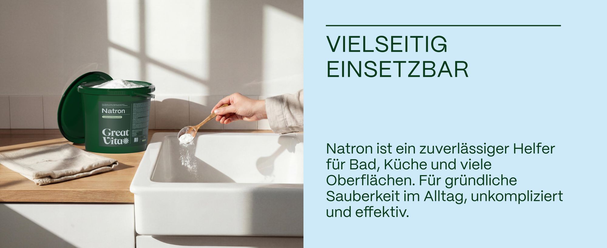 Natron von GreatVita vielseitig einsetzbar für Bad, Küche und gründliche Reinigung.