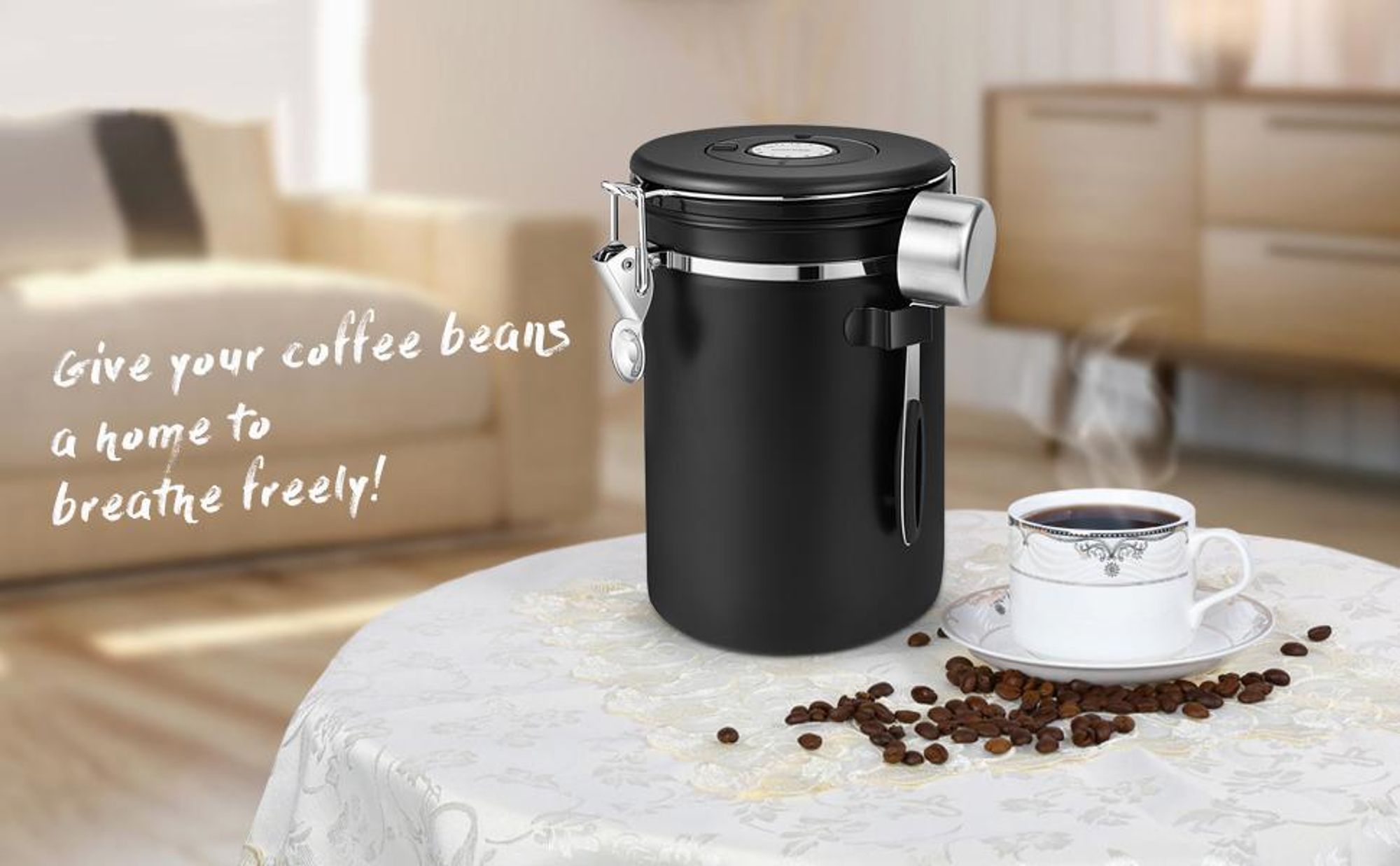 Aromadose, Kaffeedose, 1.8L Vorratsdose, Kaffeebehälter aus 304 Edelstahl mit Löffel, luftdicht, für Kaffeebohnen, Nüsse,etc