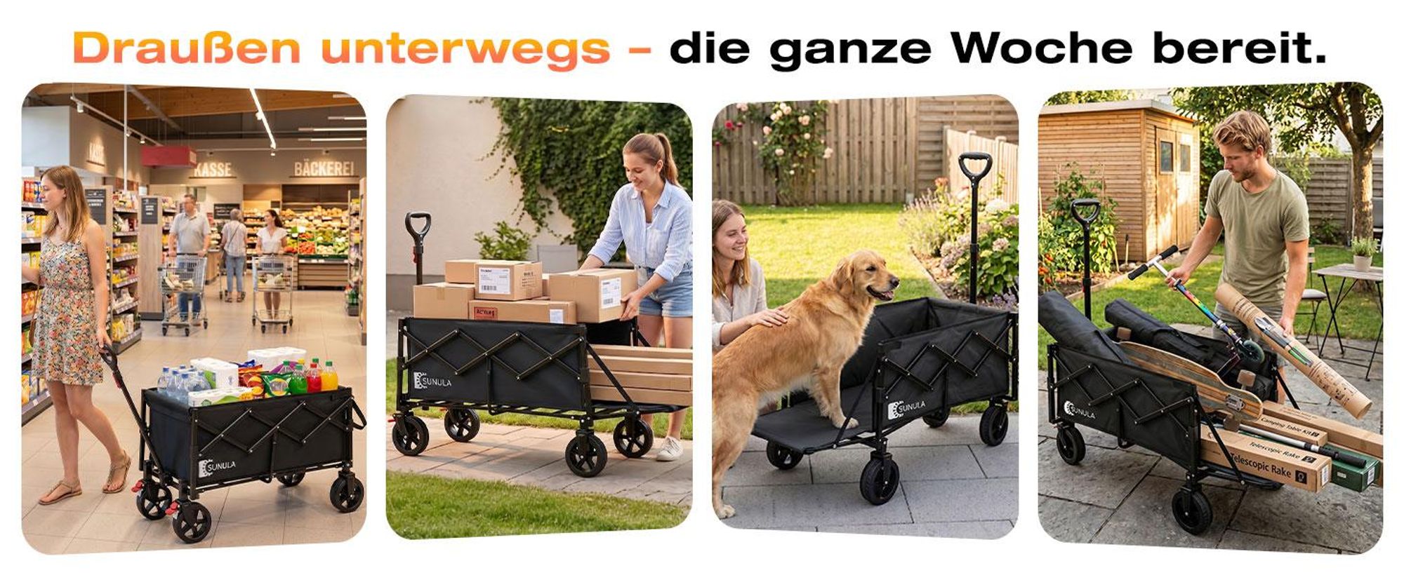 SUNULA Bollerwagen Faltbar mit Erweiterbarer Heckklappe – 80L & 115L Hunde Transportwagen, Schwarz