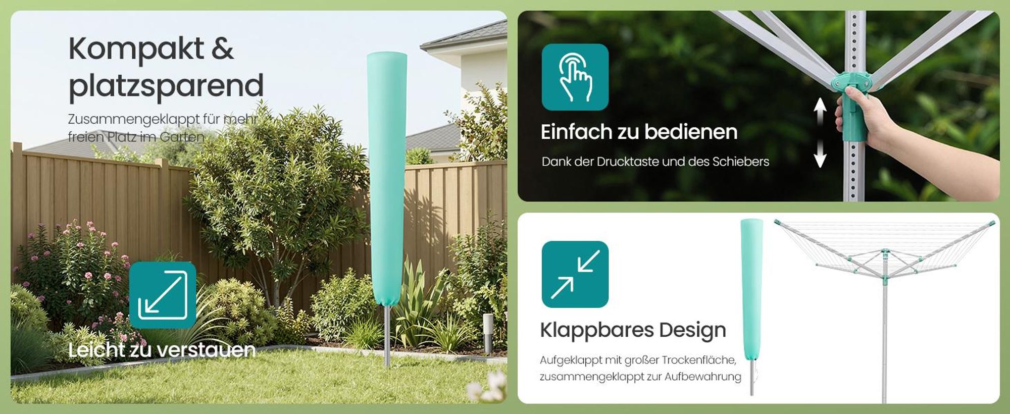 SONGMICS Wäschespinne, höhenverstellbarer, 60 m Wäscheleine, für 6 Waschladungen, draußen, silbern-grün