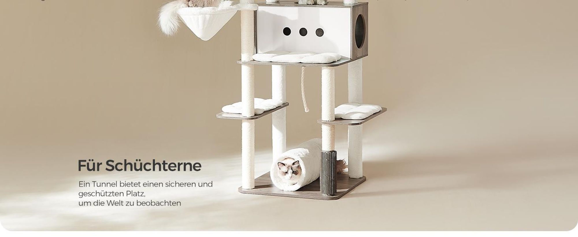 Feandrea Kratzbaum groß, 197cm, Katzenbaum XXL, modern, mehrstöckiges Katzenhaus, Katzenbürste, Tunnel greige meliert
