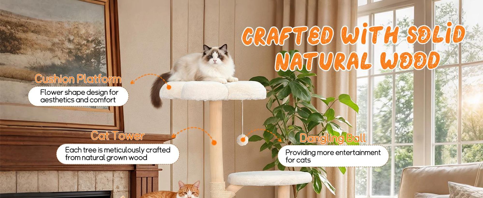 WISFOR Katzenkratzbaum 136cm hoch, mehrstufig Katzenbaum mit Korb Spielball beige