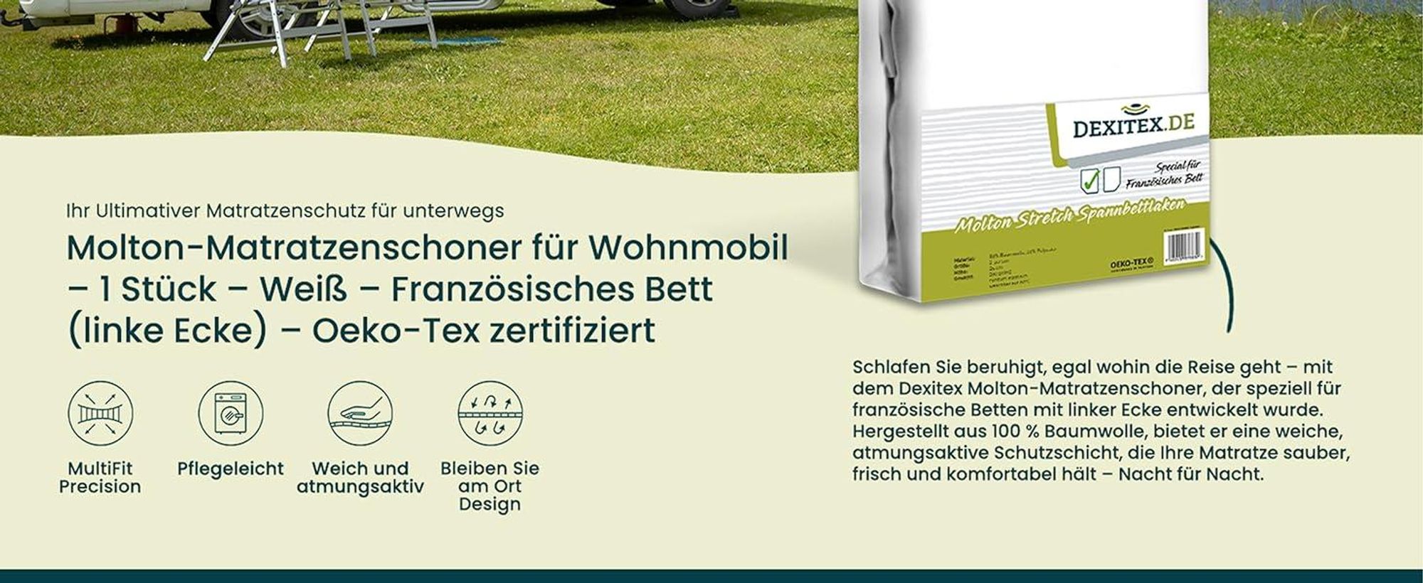 Wohnmobil in der Natur mit Spannbettlaken und Matratzenschoner.