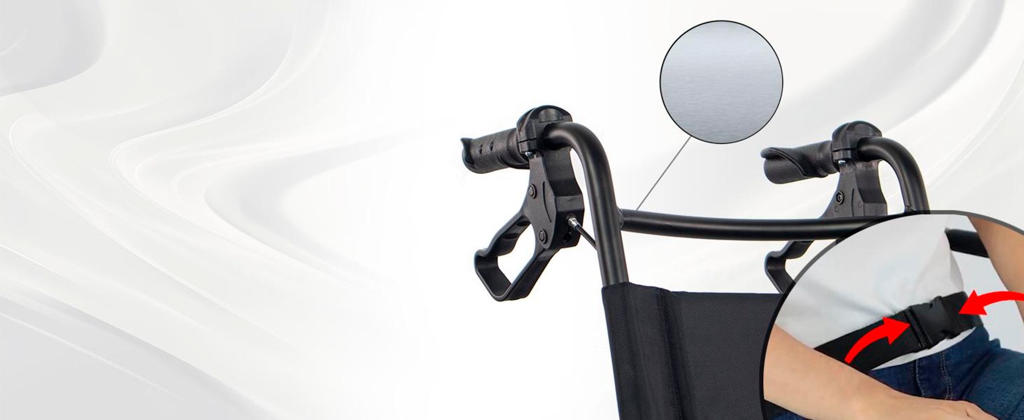 (1) Hebelbremse: leichtes Bremsen (2) Aluminium: geringes Gewicht (3) Gürtel: Sicherheit