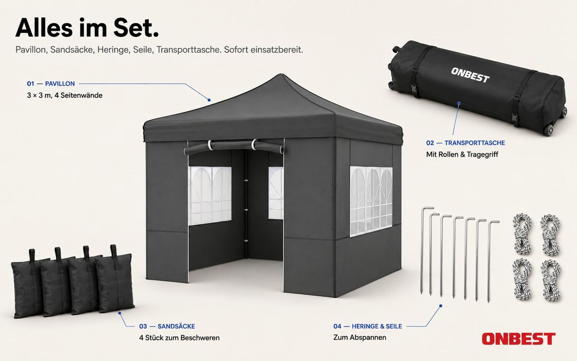 ONBEST Pavillon 3x3 | Wasserdicht | faltbar | Grau | mit Sandsäcke | Heringe | Seile | UV50+| Premium
