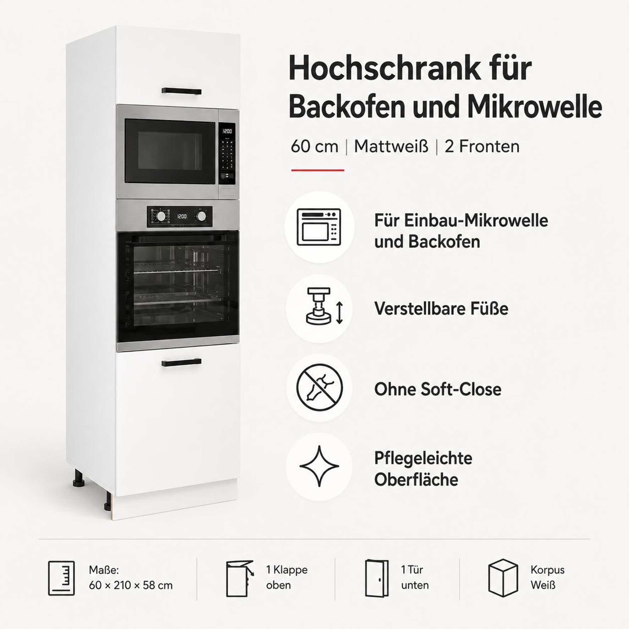 Hochschrank Backofen & Mikrowelle Mattweiß: Geräteschrank mit 2 Fronten.