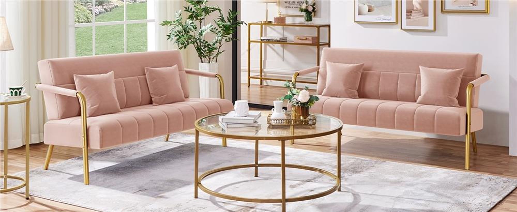 Yaheetech Polstersofa mit Armlehnen & Beine aus Metall Modernes Zweisitzer-Sofa mit 2 Lendenkissen Loveseat fürs Wohnzimmer/Schlafzimmer Rosa