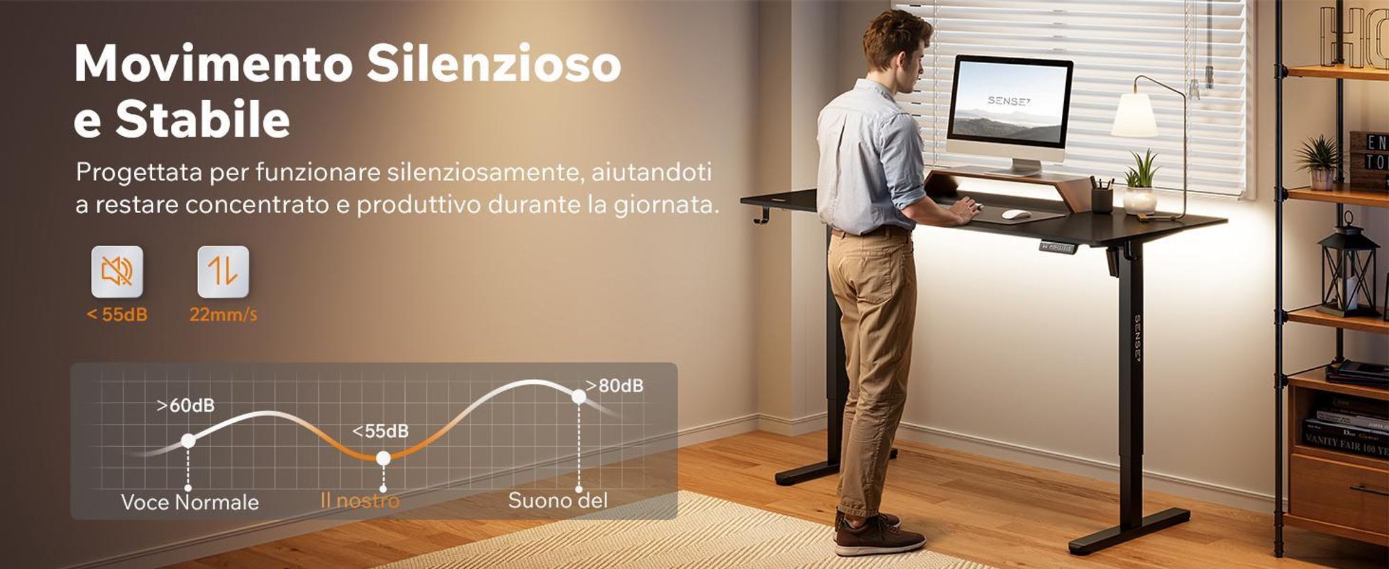 SENSE7 NOJO LIGHT Scrivania regolabile in altezza, elettrica, 140x70 cm, marrone chiaro e nero, scrivania da gaming, scrivania per computer, scrivania alta, scrivania Memory
