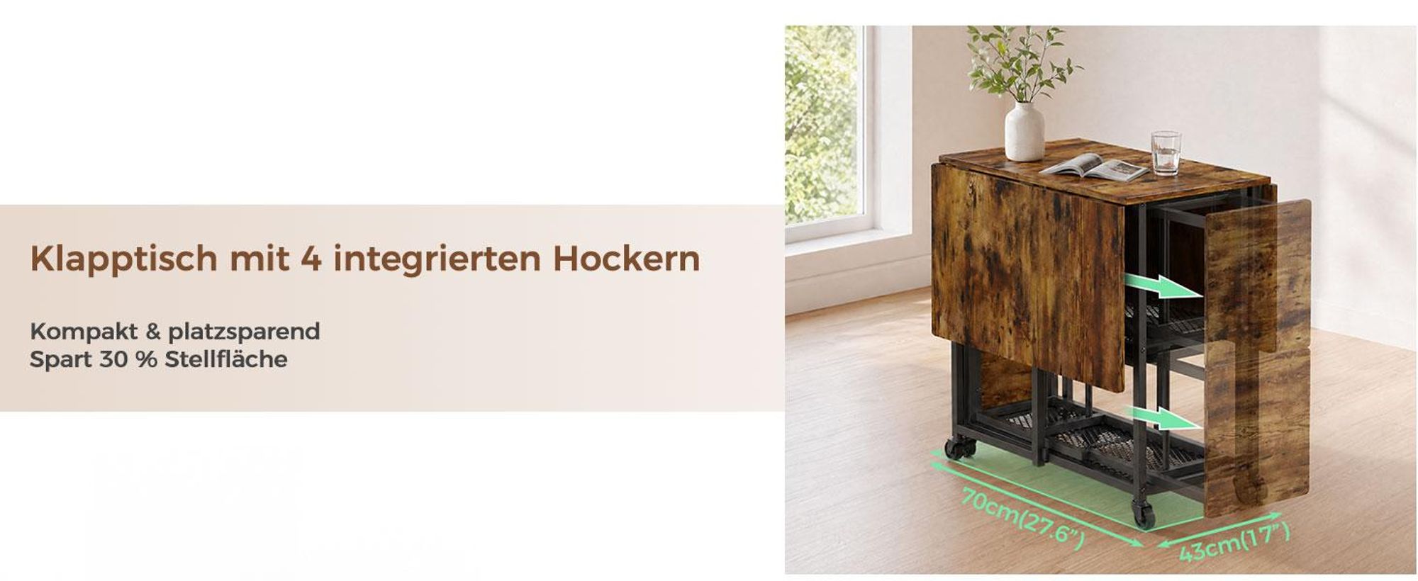 Mondeer Faltbarer Tisch mit 4 Hockern und Ablageflächen, mobiles Ess-Set mit 6 Rollen für Küche & Wohnzimmer 120x70x75cm Rustikales Braun
