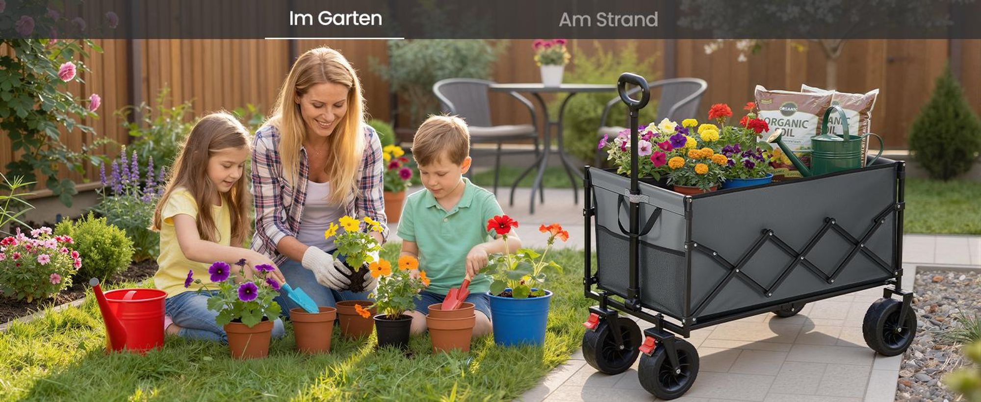 SONGMICS Faltbarer Bollerwagen, Transportwagen 200 L, Handwagen mit Griff, Outdoor Garten, 4 verstärkte Rollen, grau