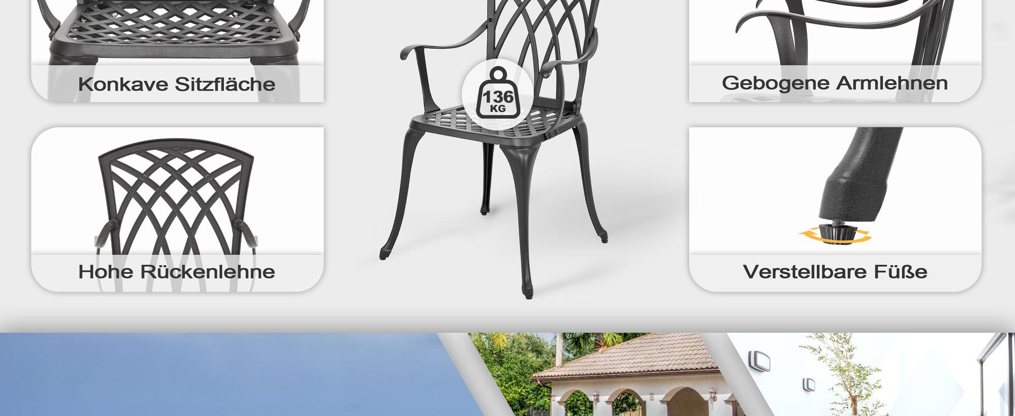 Avestar 3-teiliges Bistroset aus Aluminiumguss, Gartenmöbel Set, runder Bistrotisch  mit 2 Bistrostühlen, Schwarz