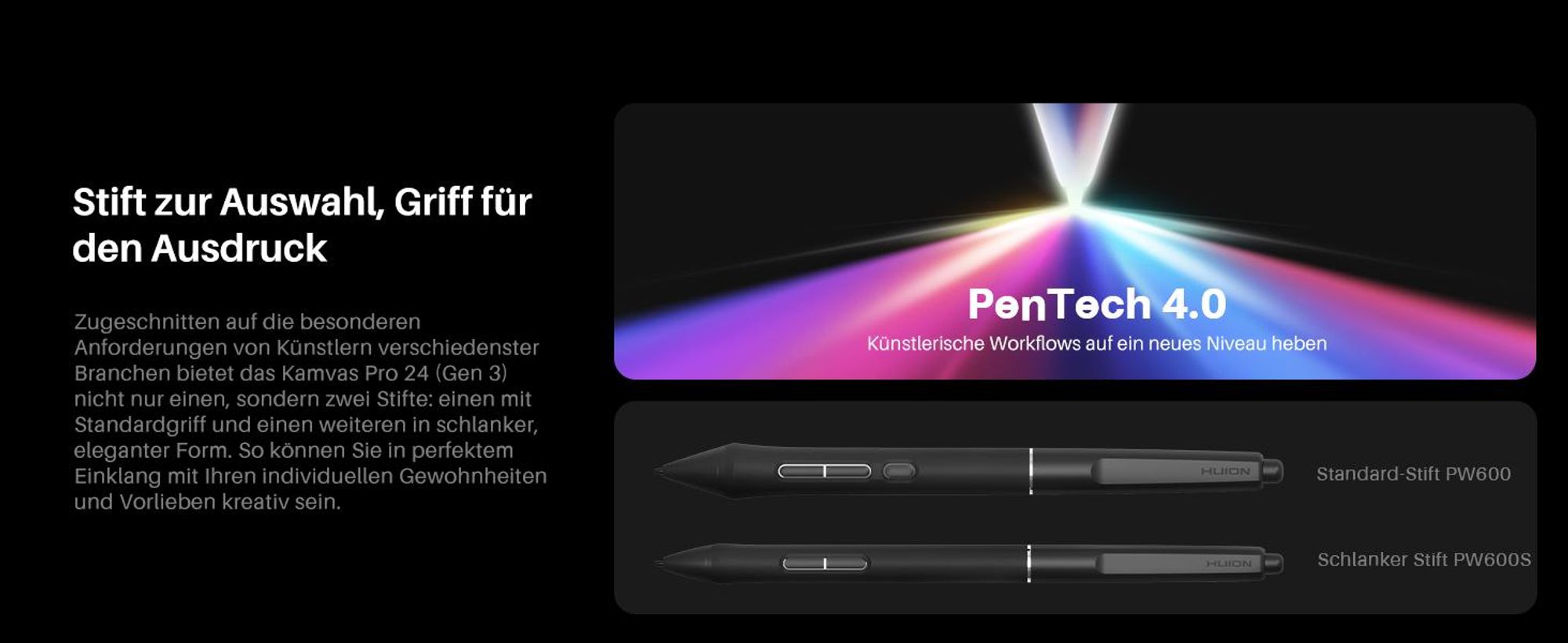 HUION Kamvas Pro 24 Gen 3 Grafiktablett mit Display, 23,8" 4K-UHD-Zeichenmonitor, neues PenTech 4.0,16384 Druckstufen mit Zwei Batterielosen Stiften